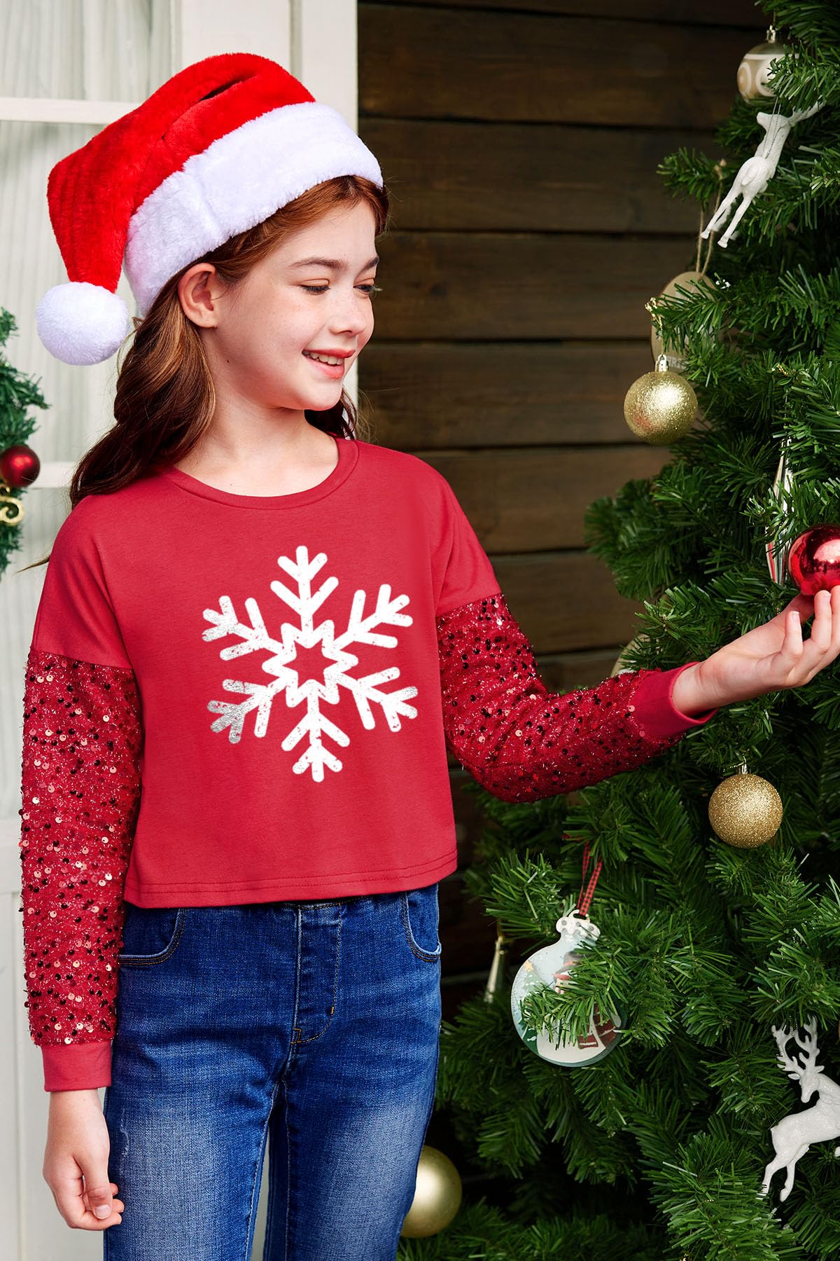 BesserBay Camisa de manga larga para niñas, diseño de retazos de lentejuelas, para Navidad, de 6 a 14 años