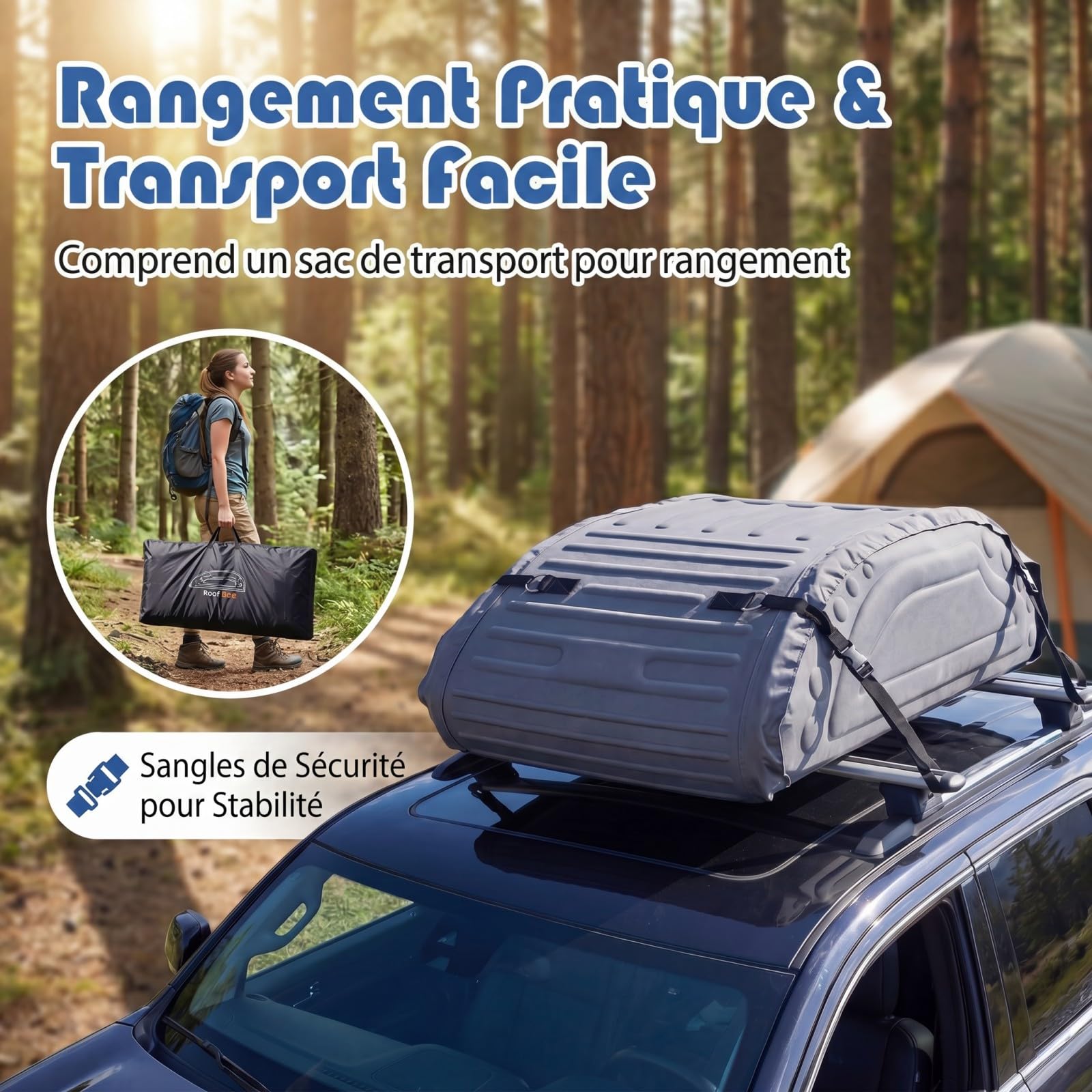 SOARS Coffre de Toit Voiture Pliable, Porte-Bagage Imperméable en PE Mousse 400 L, Coffre de Toit Souple avec 4 Sangles, Sac de Transport, pour Camionnettes, SUV, Camping-Car, 115 X 60 X 35 CM (Gris)