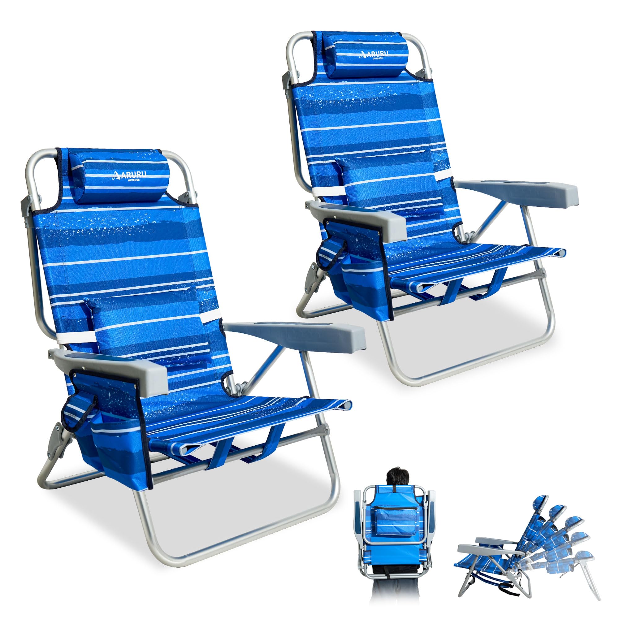 ARURU Folding Beach Chairs for Adults Set of 2, Low Reclining Beach Chair, Aluminum Portable Camping Chair Lightweight with Headrest, 5-Position Flat Adjustable Lounger, Cooler Bag, Drink Holder — image 1