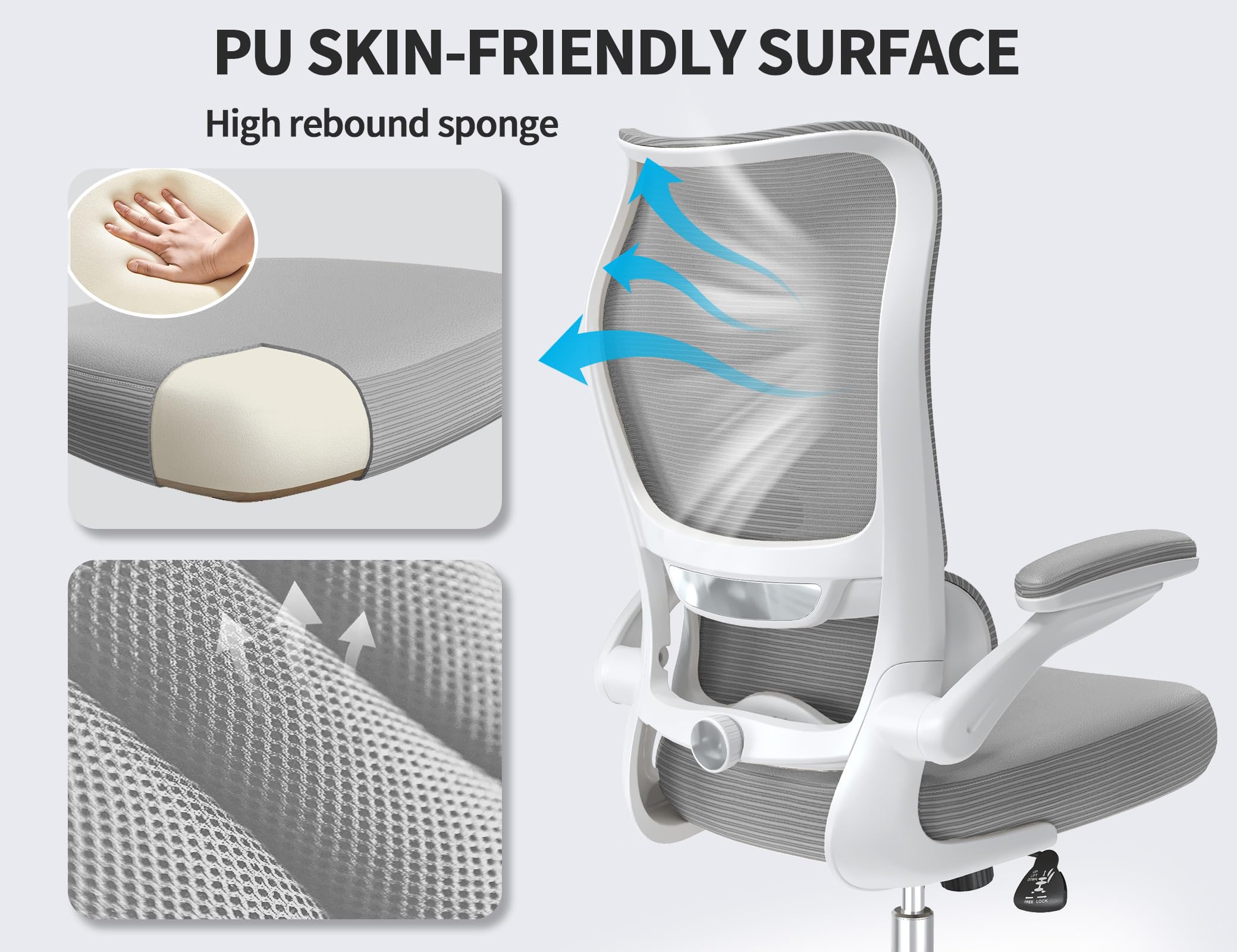 TRALT Ergonomic Office Chair - Desk Chair with Wave High Back Adjustable Lumbar Support Computer Chair - Gaming Chairs Mesh Backrest and PU Leather Seat for Home Reading Chairs to Adults(Grey)