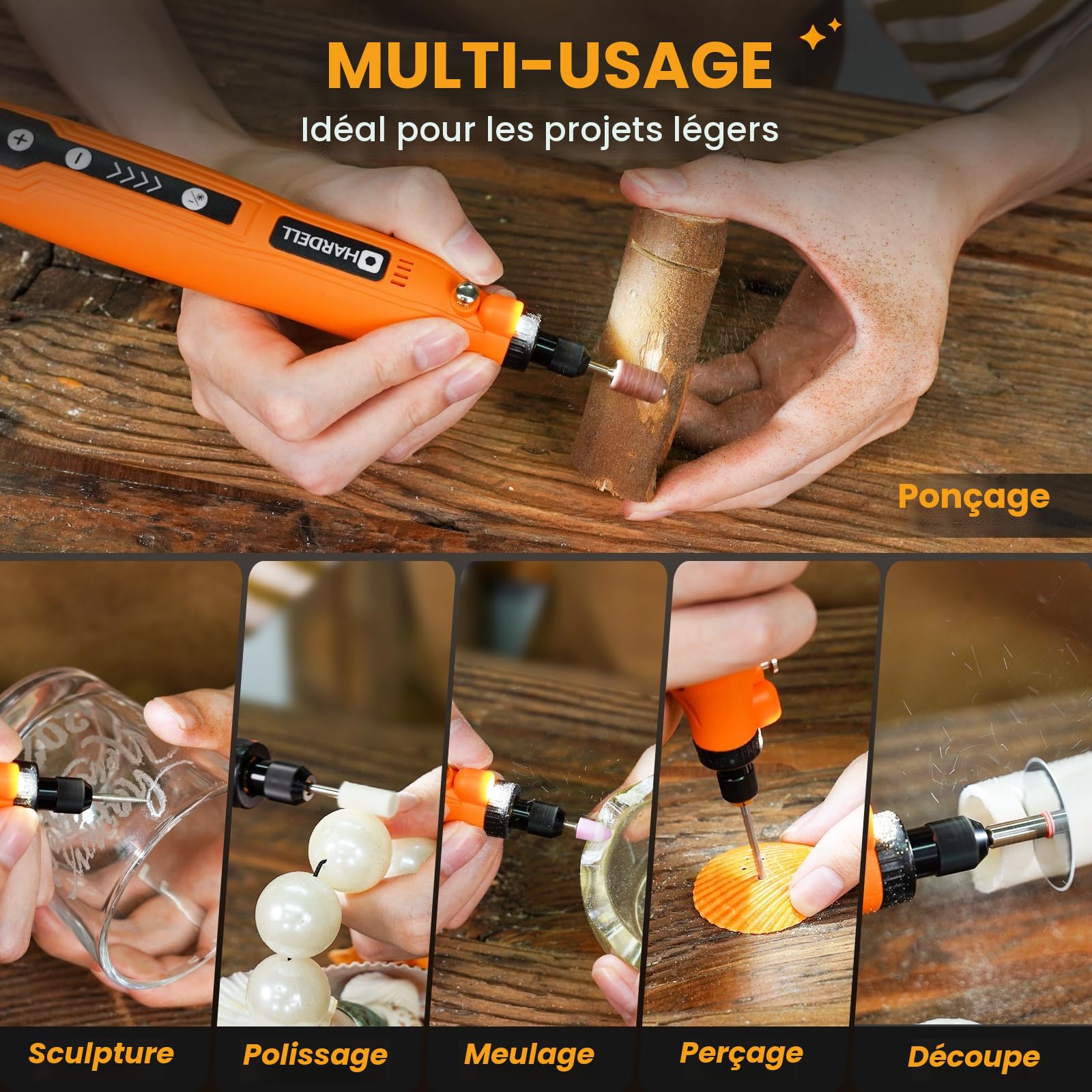 HARDELL outil rotatif multifonction sans fil 3.7V, mini perceuse 5 vitesses avec 69 accessoires – Perceuse/graveur LED pour bricolage, modélisme, bijoux, résine – Kit DIY débutant