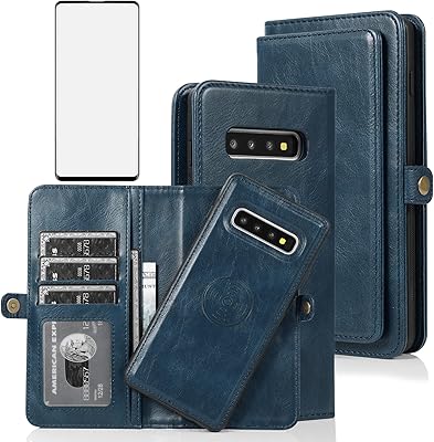 Asuwish Phone Case for Samsung Galaxy S10 Wallet Detachable Cover with Tempered Glass Screen Protector and Flip Credit Card Holder Cell Accessories Glaxay S 10 Edge Gaxaly 10S GS10 X10 Women Men Blue