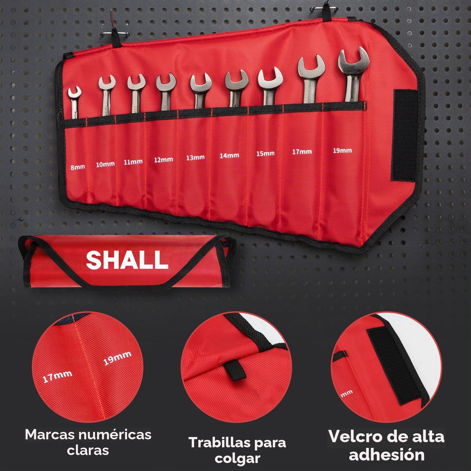 Shall Conjunto de llave de Ratcheting de cabeza flexible de 9 piezas, 72 dientes métricos 8-19mm, Cr-V construido, Chapado Níquel con bolsa de organización