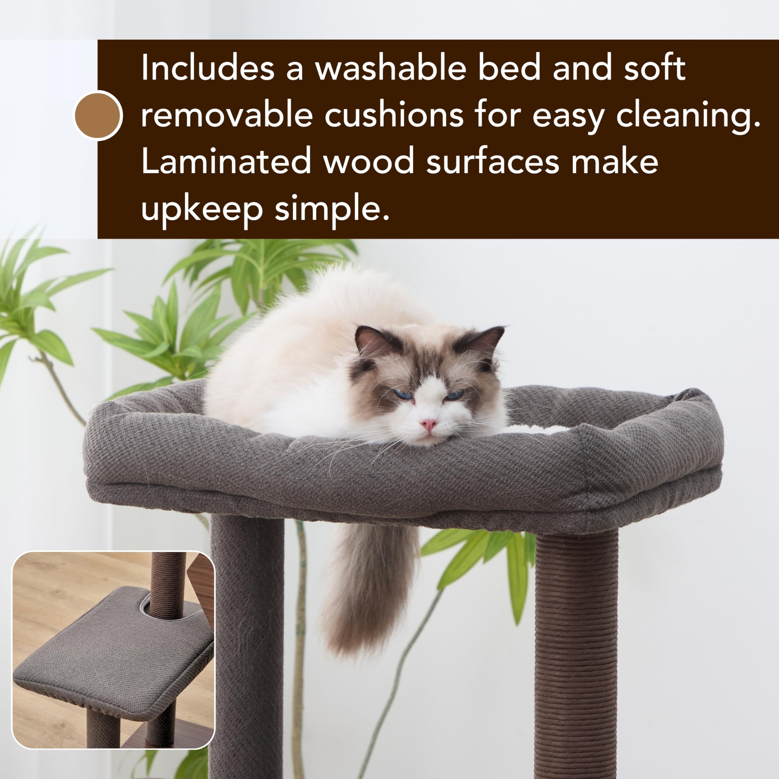 PetPals 5-Level 46.4” Mid-Century Modern Cat Tree with Hexagon Condo, Replaceable Recycled Paper Rope Scratchers, Washable Bed&Toys, Quick Assembly, Ideal for Medium Cats,Dark Brown - image 4