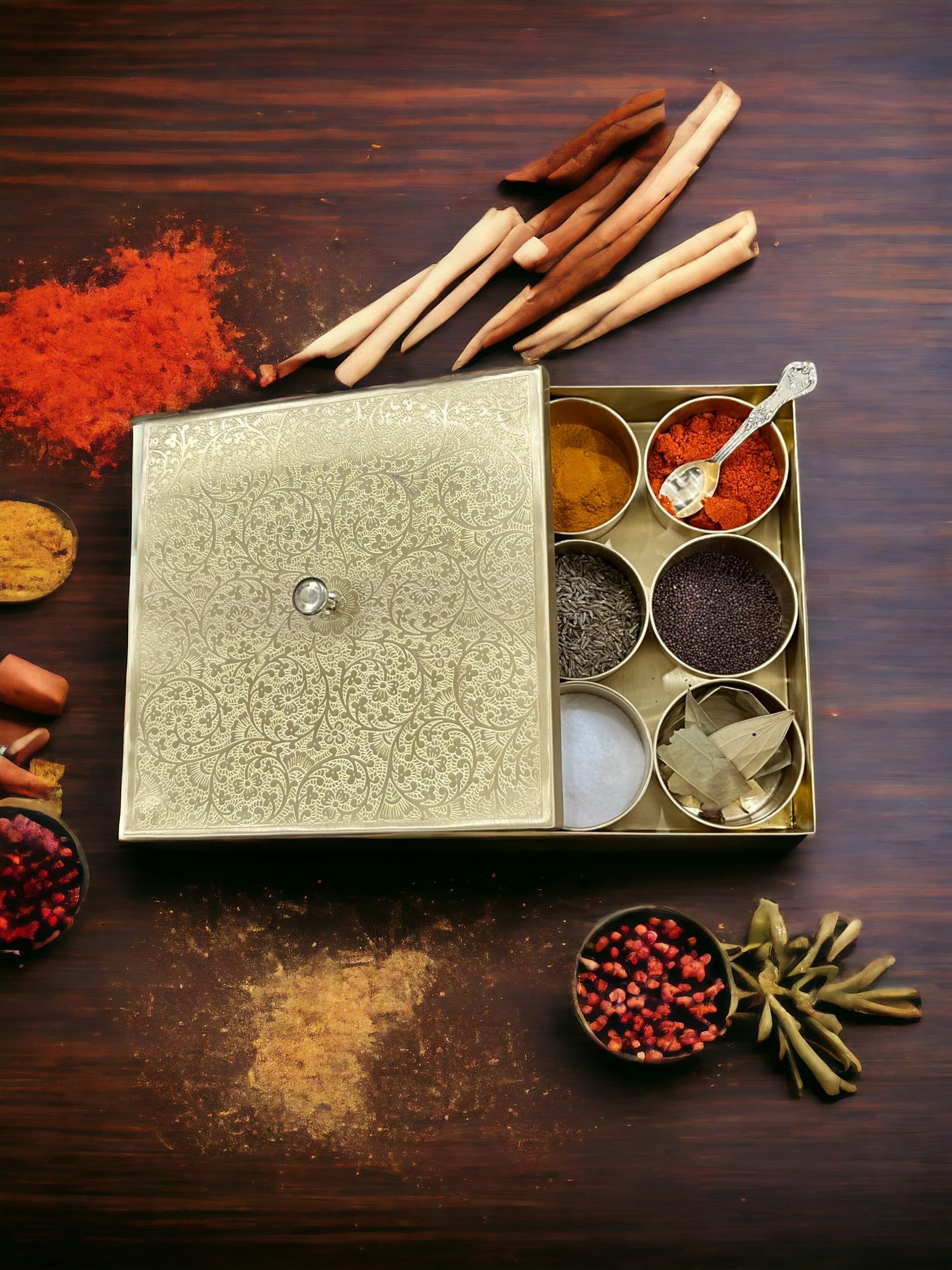 See full amazon price history chart for Kansara Bell metal Pure Brass Square Masala/Spice Box for Kitchen |Spices Storage Containers| Handmade Golden Masala container with Embossed Lid 9 Compartments and 1 Spoon (8 Inch, Large) (Square) Kansara Bell metal Pure Brass Square Masala/Spice Box for Kitchen |Spices Storage Containers| Handmade Golden Masala container with Embossed Lid 9 Compartments and 1 Spoon (8 Inch, Large) (Square) (B0D4JB39JD) Amazon Price History, Amazon Price Tracker
