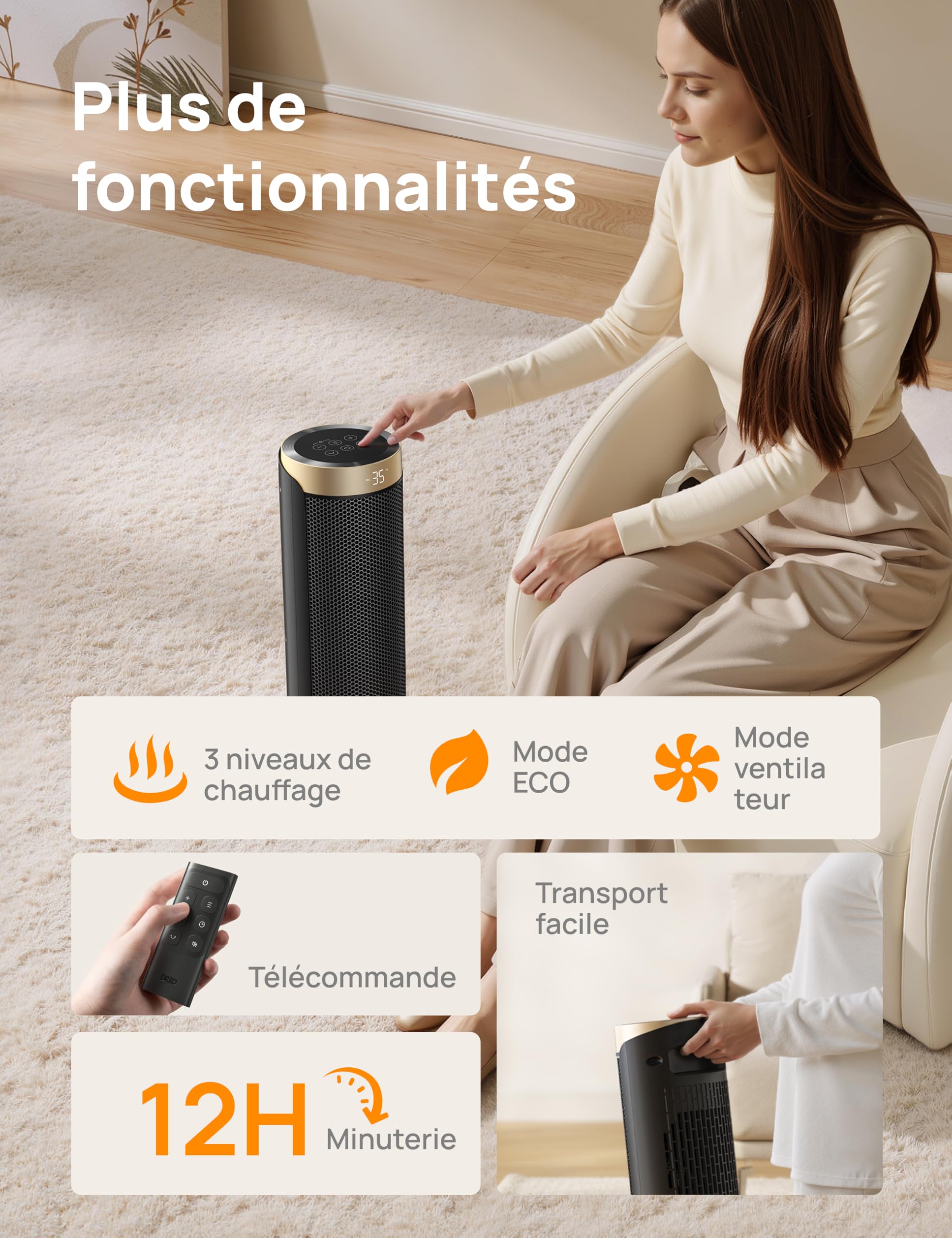 Dreo Chauffage d'appoint, électrique, céramique, PTC1800 W, Télécommande, Protection anti-basculement et anti surchauffe, Minuterie 1-12 h, 70° Oscillation, Solaris Slim H3