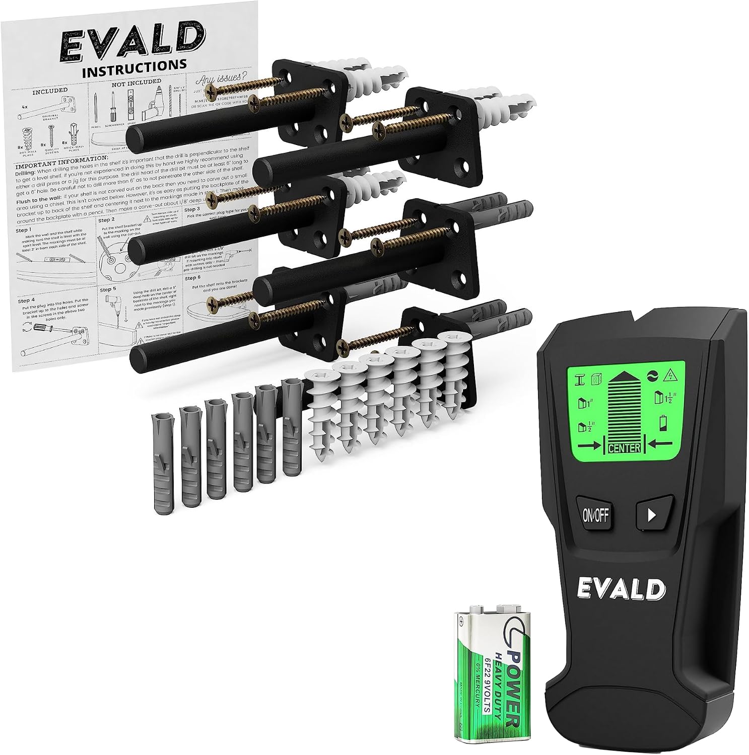 EVALD Heavy-Duty Floating Shelf Bracket with Wall Scanner Bundle | 64-Inch Mantel Bracket for Home Improvement (6 Pack) | Wood and Metal Detector, Metal Pipe Locator, Joist Finder, Wire Detector