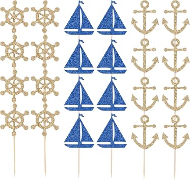 Boat Cake toppers, 24pcs Rudder Anchor Boat Cake Decorations - Nautical Anchor Cupcake Toppers Sailing Theme Cupcake Picks for Hawaiian Theme Baby Shower, Birthday Party, Weeding