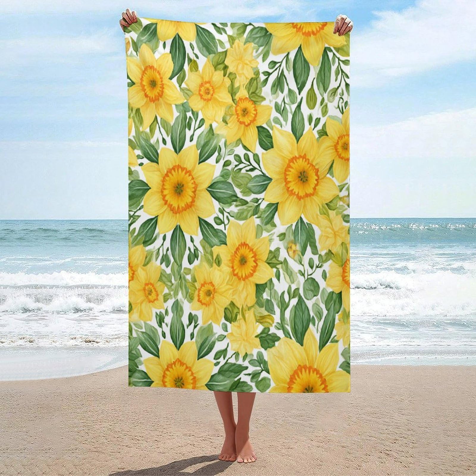 LSRCPD Daffodil Flower Mandala Yellow Beach Towel Sand Free Microfiber Large Shower Towels Multipurpose Absorbent for Bathroom Pool 130x80 CM