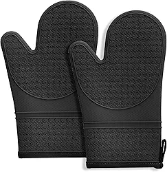 Hovico Silicone Oven Mitts, Oven Gloves with Non-Slip Waterproof - 2PCS Black Oven Mittens Heat Resistant 600 Degree, Soft Lining Silicone Oven Mits for Cooking Baking Kitchen Mitten