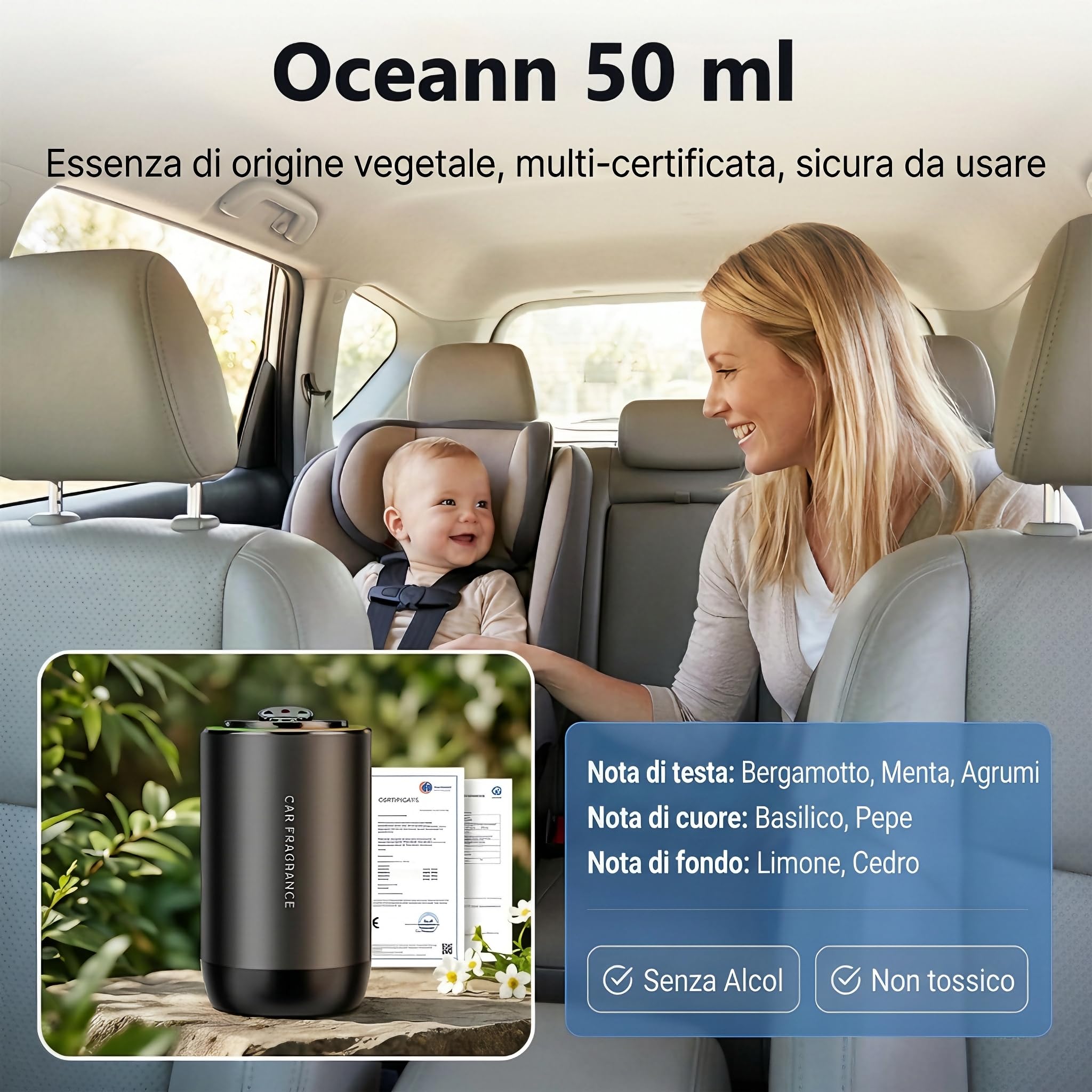 Profumatore Auto Diffusore in Lega di Alluminio con 50 ml di Profumo-Oceano