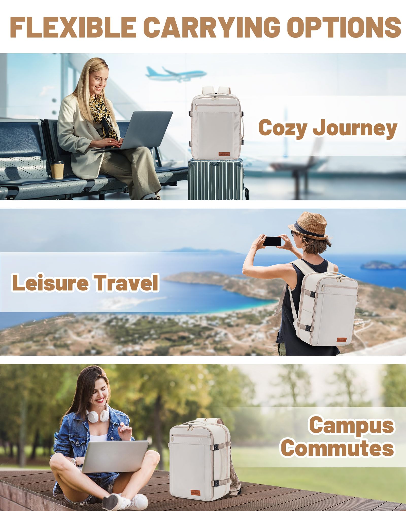 Mochila Viaje Cabina Avion 40x30x20, Maletas de Viaje Cabina para Vueling Impermeable Mochila Equipaje de Mano, 30L Mochila Hombre Mujer Travel Backpack Mochila Portatil(Beige Crema)