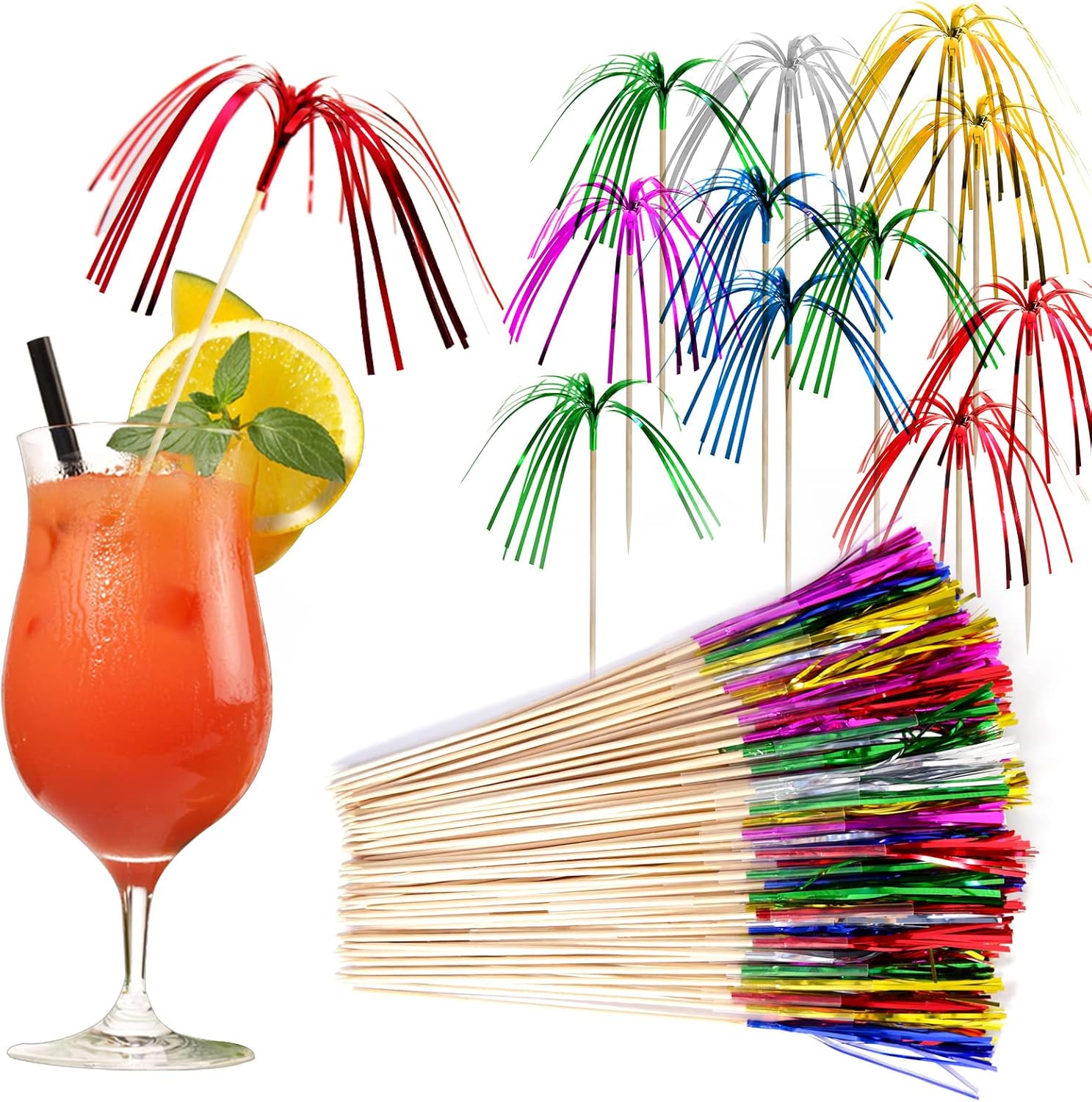 100 Piece Fireworks Cocktail Sticks, Foil Palm Tree Picks Decoration