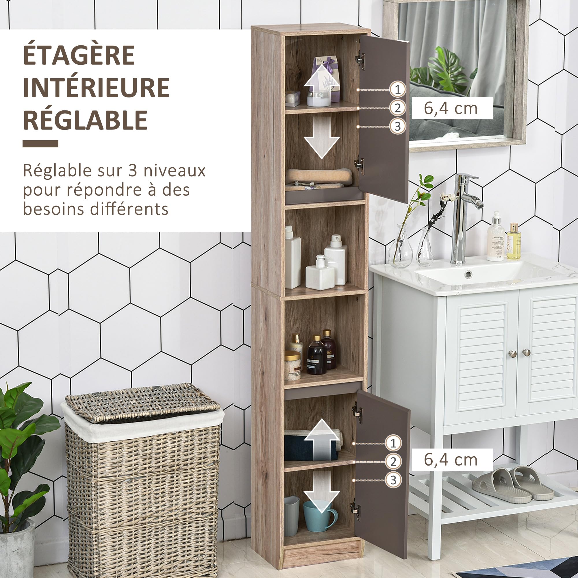 HOMCOM Ensemble de Meuble sous lavabo, Armoire avec Miroir et Meuble Colonne pour Salle de Bain en Bois chêne Clair Gris