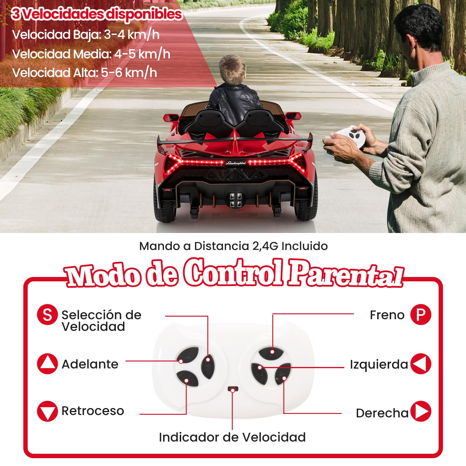 GOPLUS Coche Eléctrico Infantil 12V, Coche Infantil Lamborghini 1 Plaza, Mando a Distancia 2.4G, Puertos AUX y USB, Multimedia, para Niños de 3 a 8 Años, Carga 30KG (Rojo)