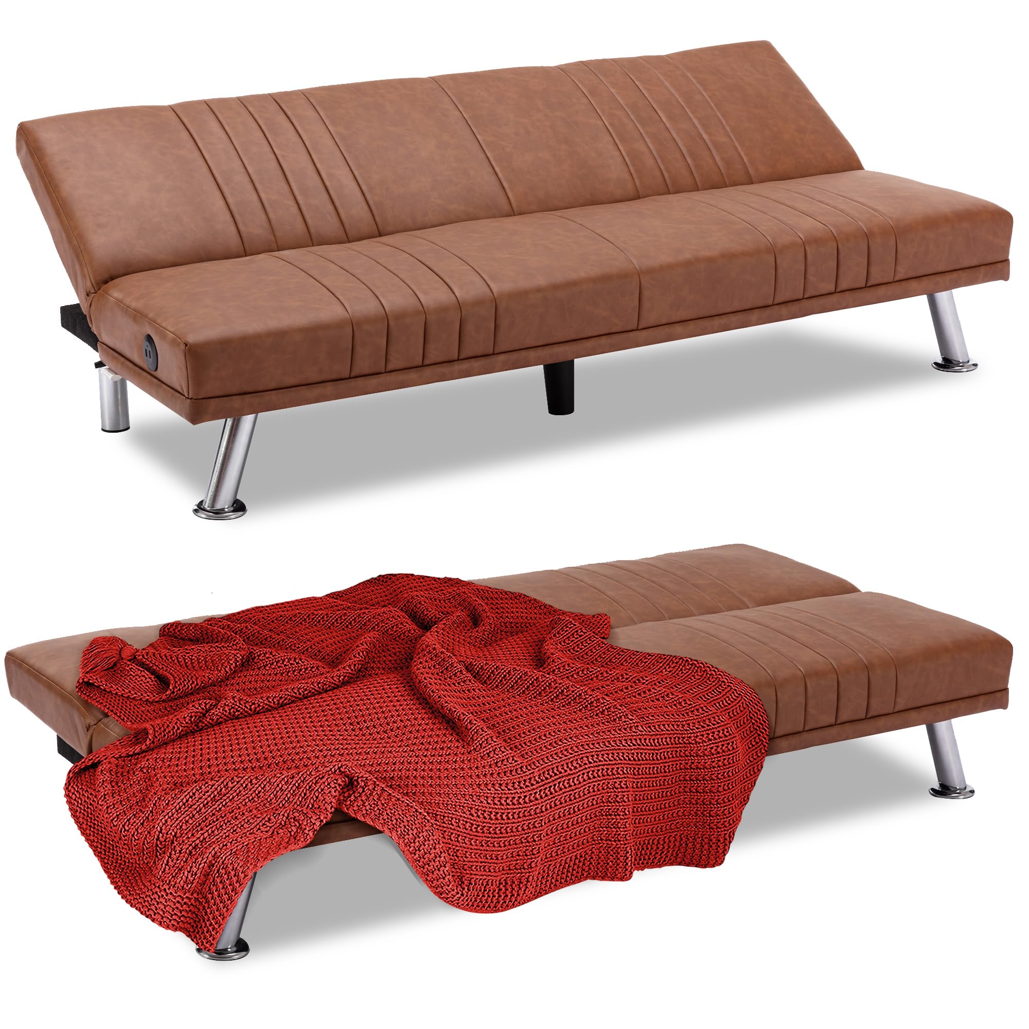 VECELO Modern Couch Bed, Convertible Sofa Bed/Folding Sleeper Couches Faux  Leather Futon for Living Room, Futon Sofa Bed, Brown