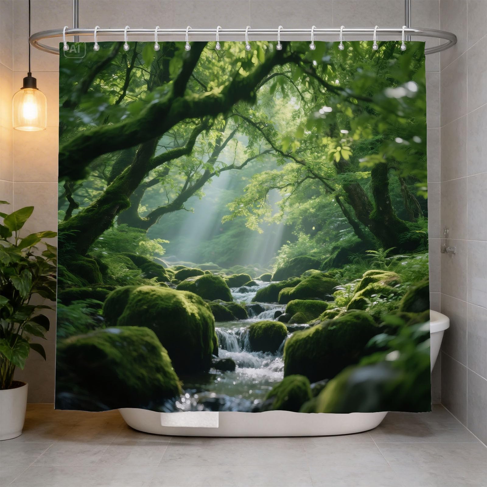 Hongduo 3D Stream Shower Curtain for Stalls Bathtubs Natural Bathroom Decor Shower Curtain Set Polyester Fabric Waterproof 200x200cm/79X79 Inch with Hooks