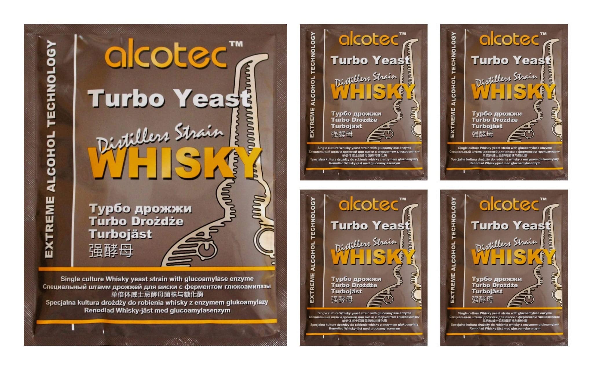 AlcoTec HUGBERT Turbohefe Whisky + GA Enzym Alkohol Gärhefe Hefe Brennhefe, 5 Stück