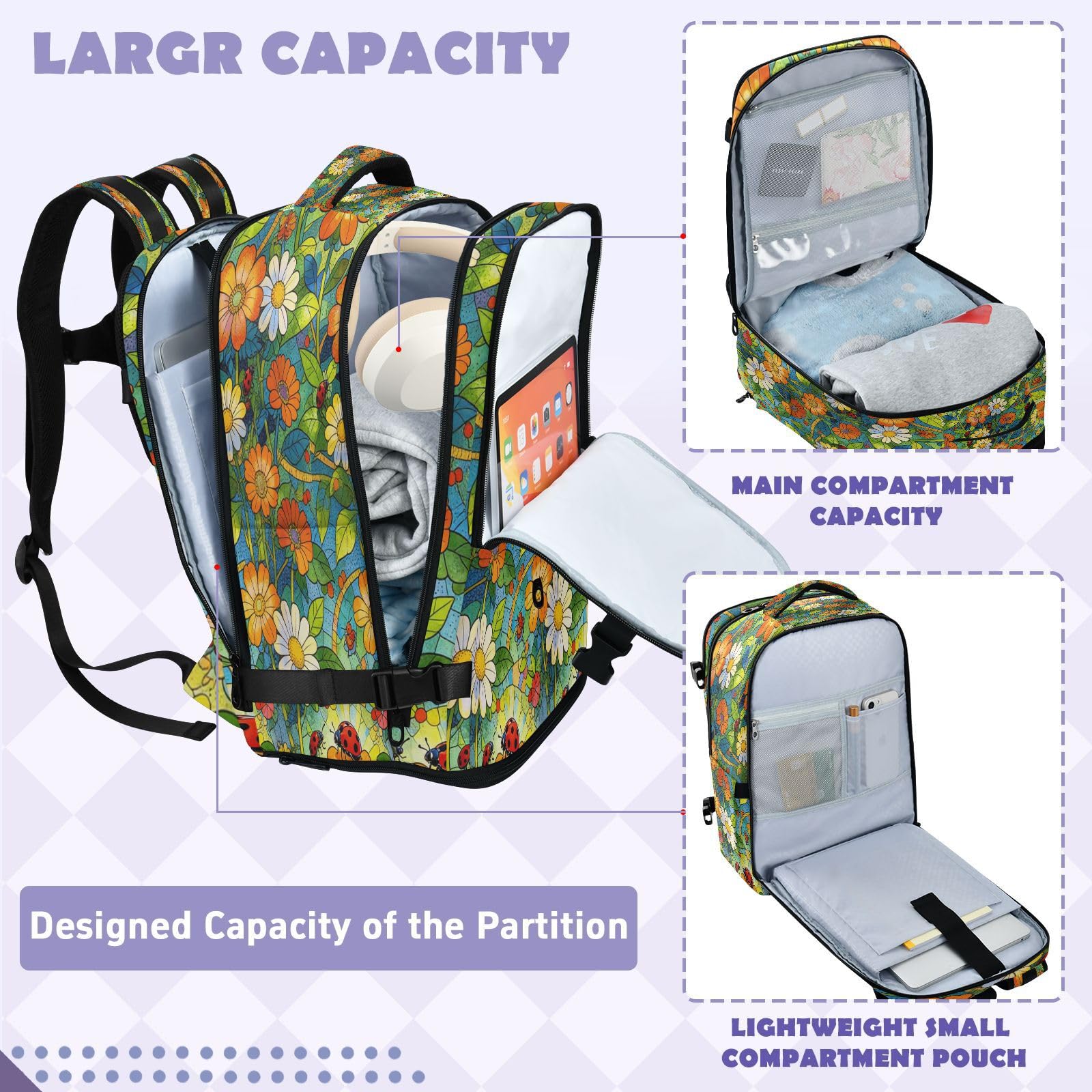 Uroczy plecak torba na laptopa 16 cali do samolotów 20 l | Czysty design torba podróżna na laptopa Flora biedronki kolorowe stokrotki torba na laptopa 15,6 cala do szkoły mochila para