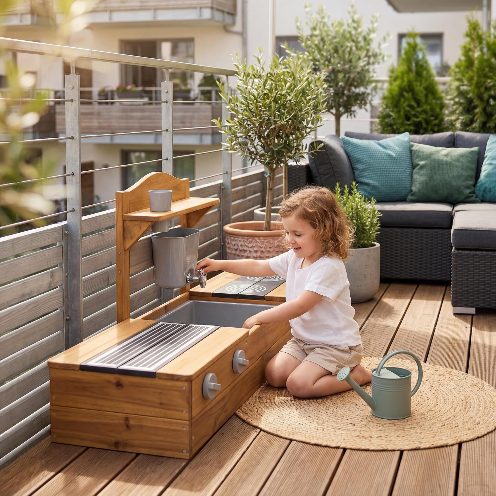 roba 2in1 Balkonsandkasten & Matschküche für Kinder - FSC®-Zertifiziert - Inkl. Zubehör - Kompakte Spielküche für Balkon & Garten - Teakfarben