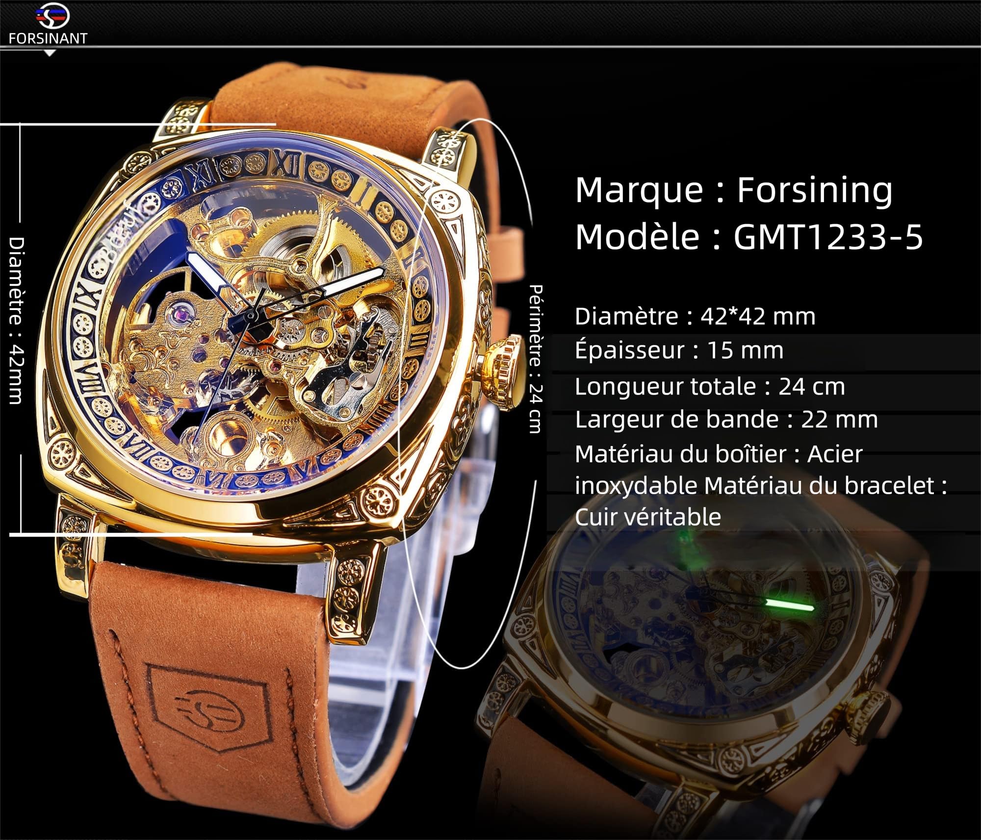 FORSINING Orologi di lusso da uomo eleganti, orologio meccanico automatico retrò con incisione quadrata, orologio da polso dorato scheletrato con cinturino in pelle vintage, marrone, retrò