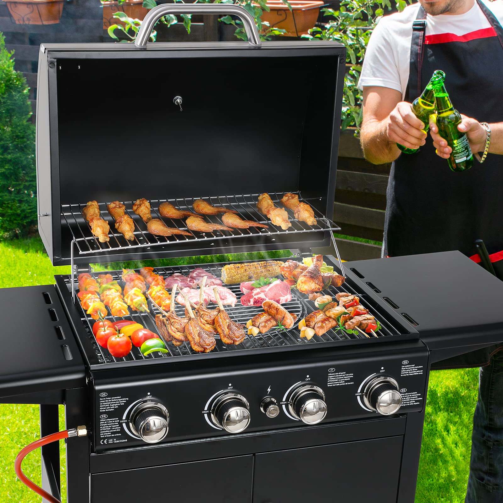 Grill gazowy Master, grill gazowy z 4 palnikami, wysokowydajny palnik, zapłon impulsowy, z termometrem, duża powierzchnia grillowania, kuchnia stojąca, 4 x 10000 BTU/2,93 kW, do ogrodów, dachów, na