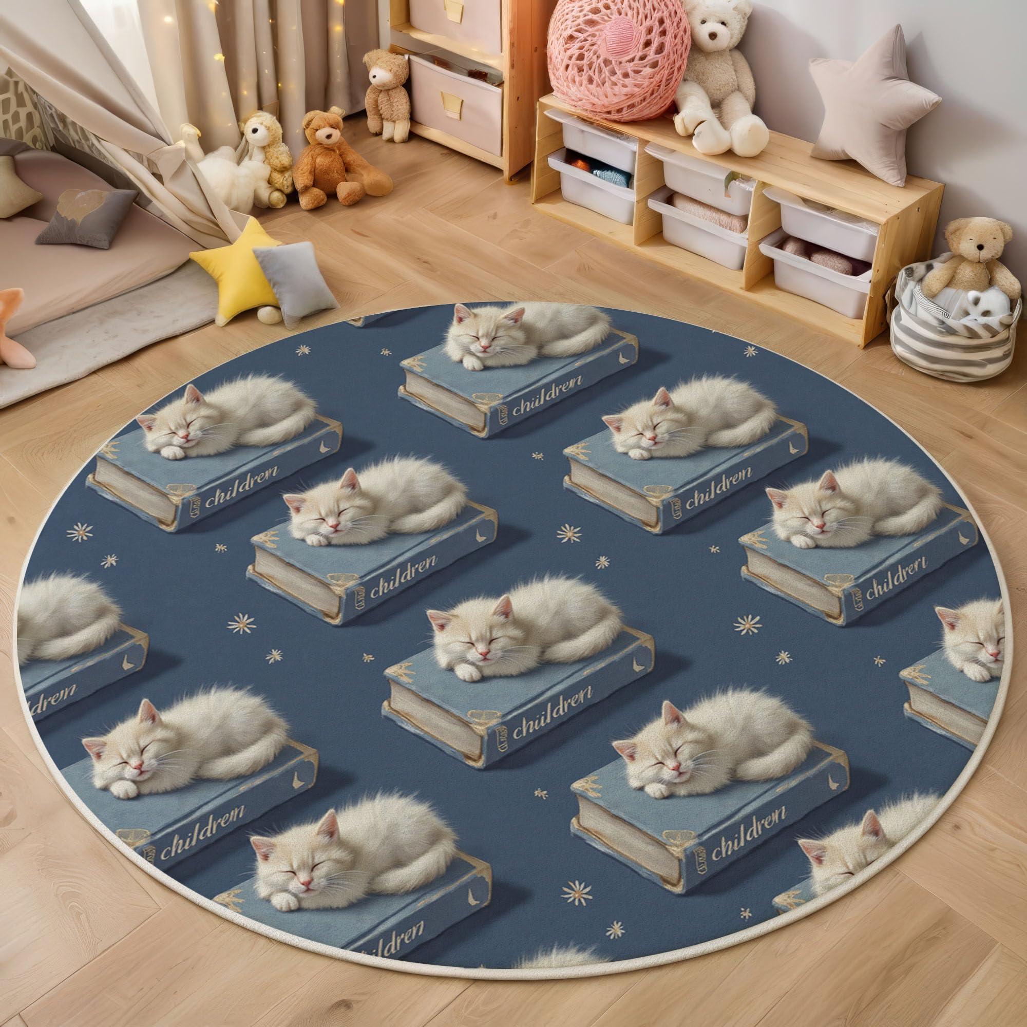Tapis Rond De Chambre d'enfant 100 Cm - Chat Mignon Livres Bleu Marine - Motif Animaux Ciel Étoilé - Moelleux Et Antidérapant - Tapis De Salon À Poils Courts - Lavable - Moderne Doux