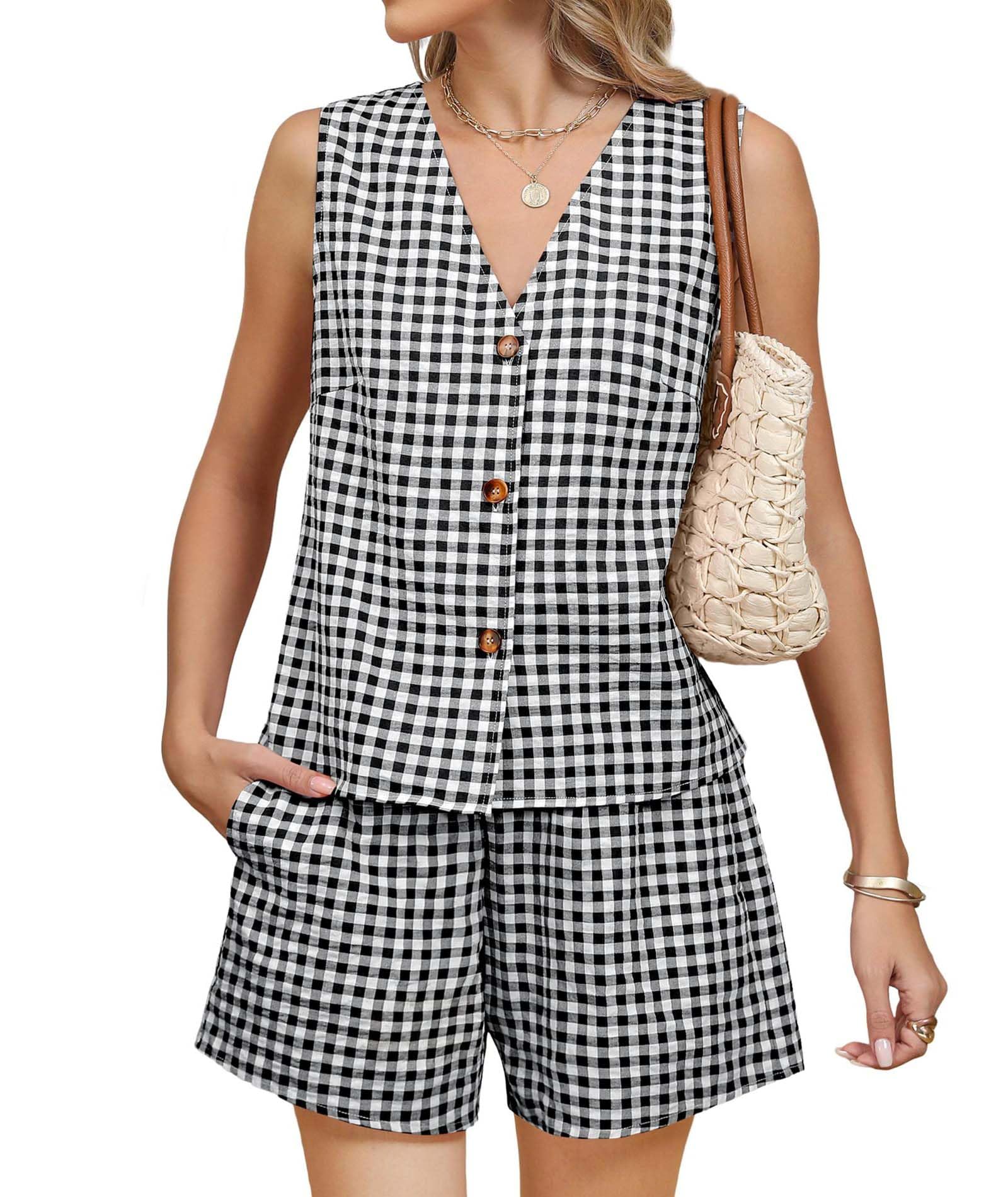 SEMATOMALA Womens Summer 2 Piece Outfits Sleeveless Gingham Vest and Shorts Beach Vacation Matching Sets