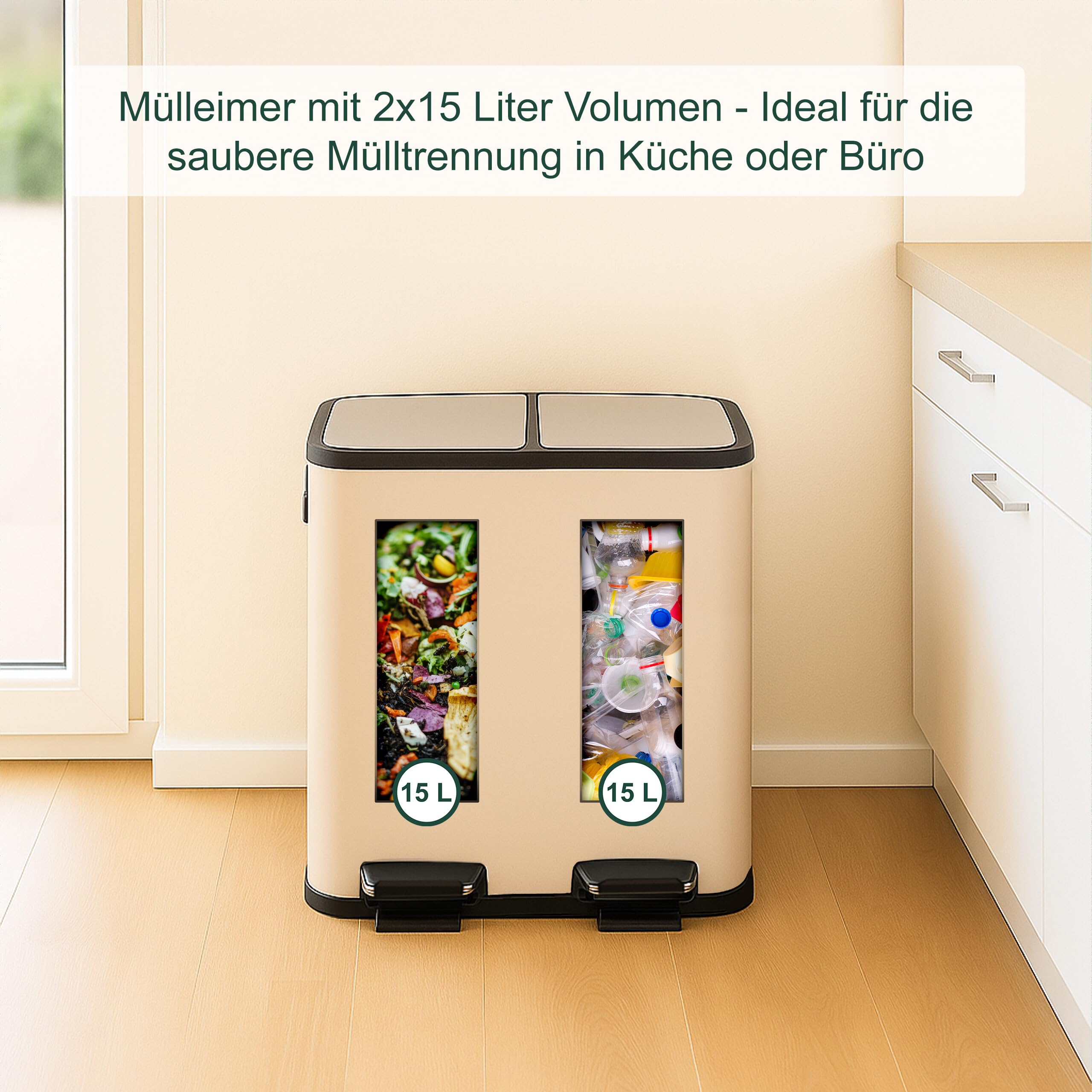 Relaxdays Mülleimer, 2 Fächer, je 15 Liter, entnehmbare Inneneimer, Fußpedal, Küche, Tretmülleimer, Eisen, beige/Silber