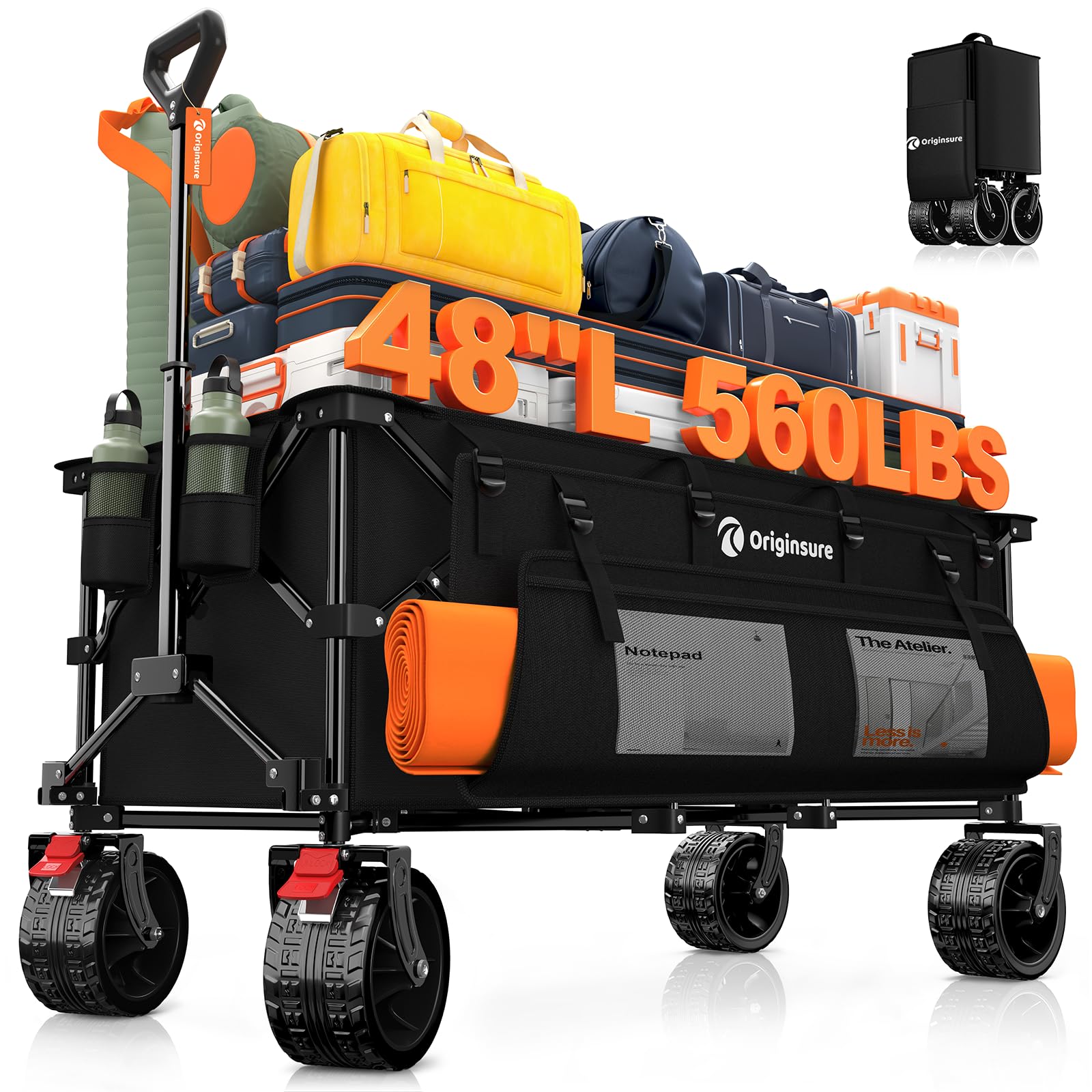 48" L Collapsible Wagon Cart Foldable, 560lbs Weight Capacity 300L Heavy Duty Folding Beach Wagons with Big All-Terrain Wheels, Utility Carts for