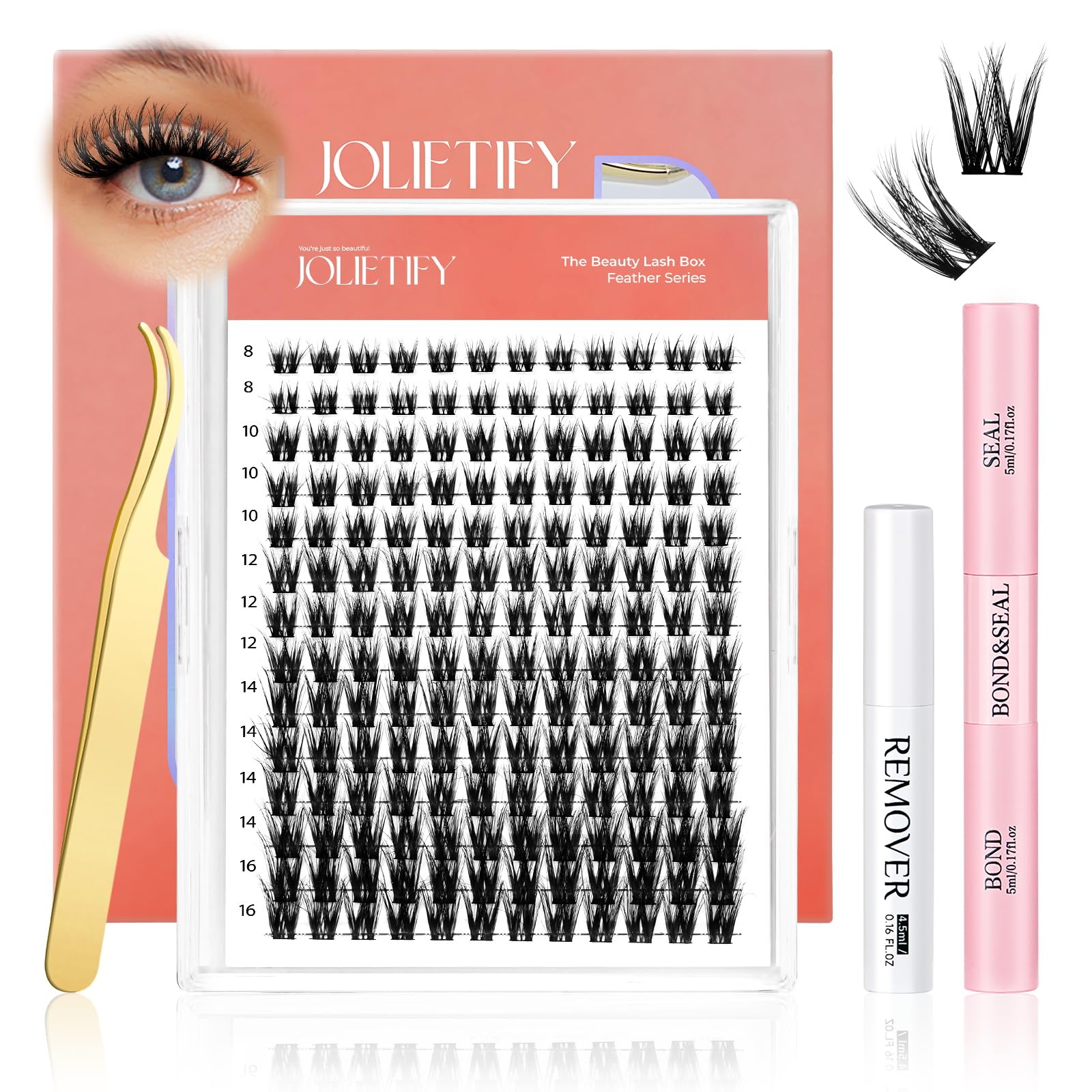 JOLIETIFY Lash Extension Kit, Medium Dense, 8-16mm, DIY Faux Mink Cluster Lashes, Waterproof Bond & Seal, Reusable Individual Lashes, Lash Tweezers,