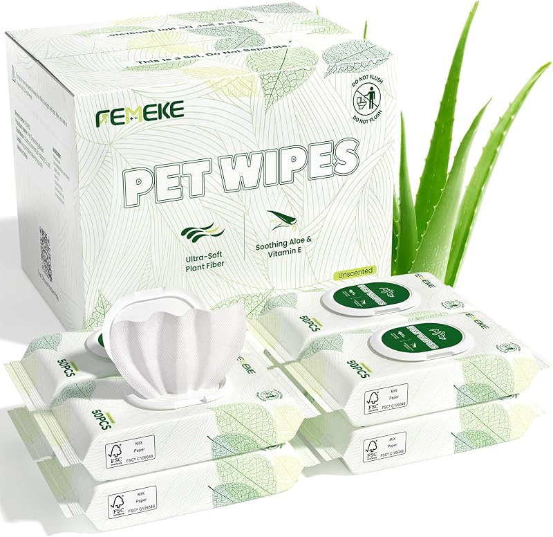 Lenços de Higiene para Cães e Gatos FEMEKE, sem Fragrância, com Aloe, Vitamina E e Textura Pearl, 400 unidades