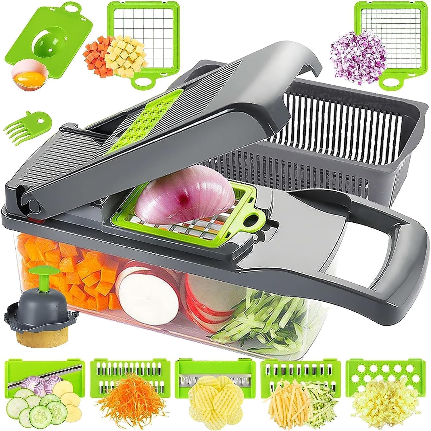 Generic Pat-X Multi-Purpose Food Chopper, 15-in-1 Stainless Steel Blade Vegetable Cutter with Container, Handheld, BPA-Free, Dishwasher Safe, Small