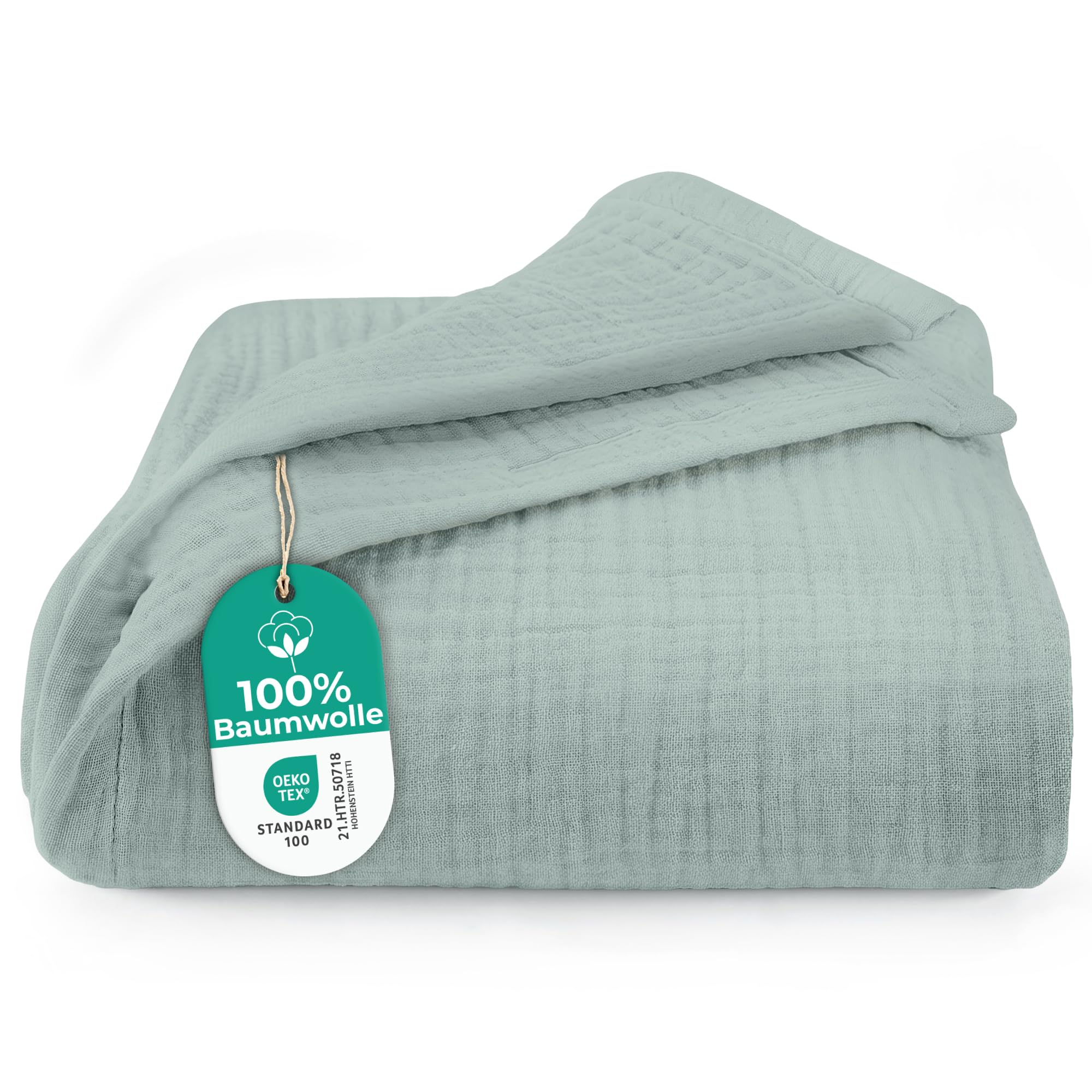 Dreamzie Musselin Tagesdecke 220x240 cm – Baumwolldecke Oeko-Tex Zertifiziert – Atmungsaktive Kuscheldecke – leichte Kuscheldecke Baumwolle als Sofa-, Bett- & Couchüberwurf – Hellgrün