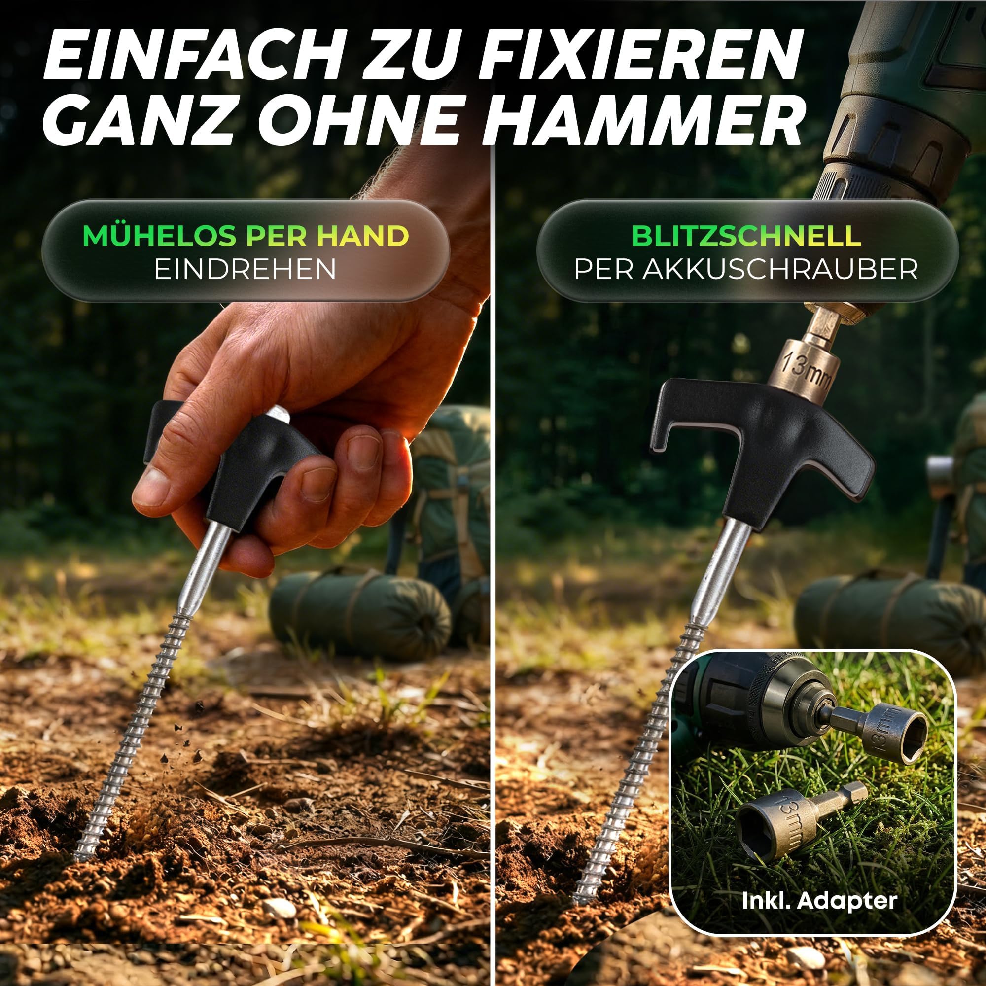 16x Schraubheringe Camping [Stahl] - Heringe Camping mit Transportbox - Zeltheringe zum Schrauben für alle Böden - Heringe Zelt sturmsicher und stabil