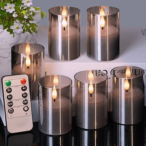 Paquete de 6 velas de vidrio sin llama con control remoto, velas de cera real, velas LED eléctricas parpadeantes, velas de pilar sin llama para