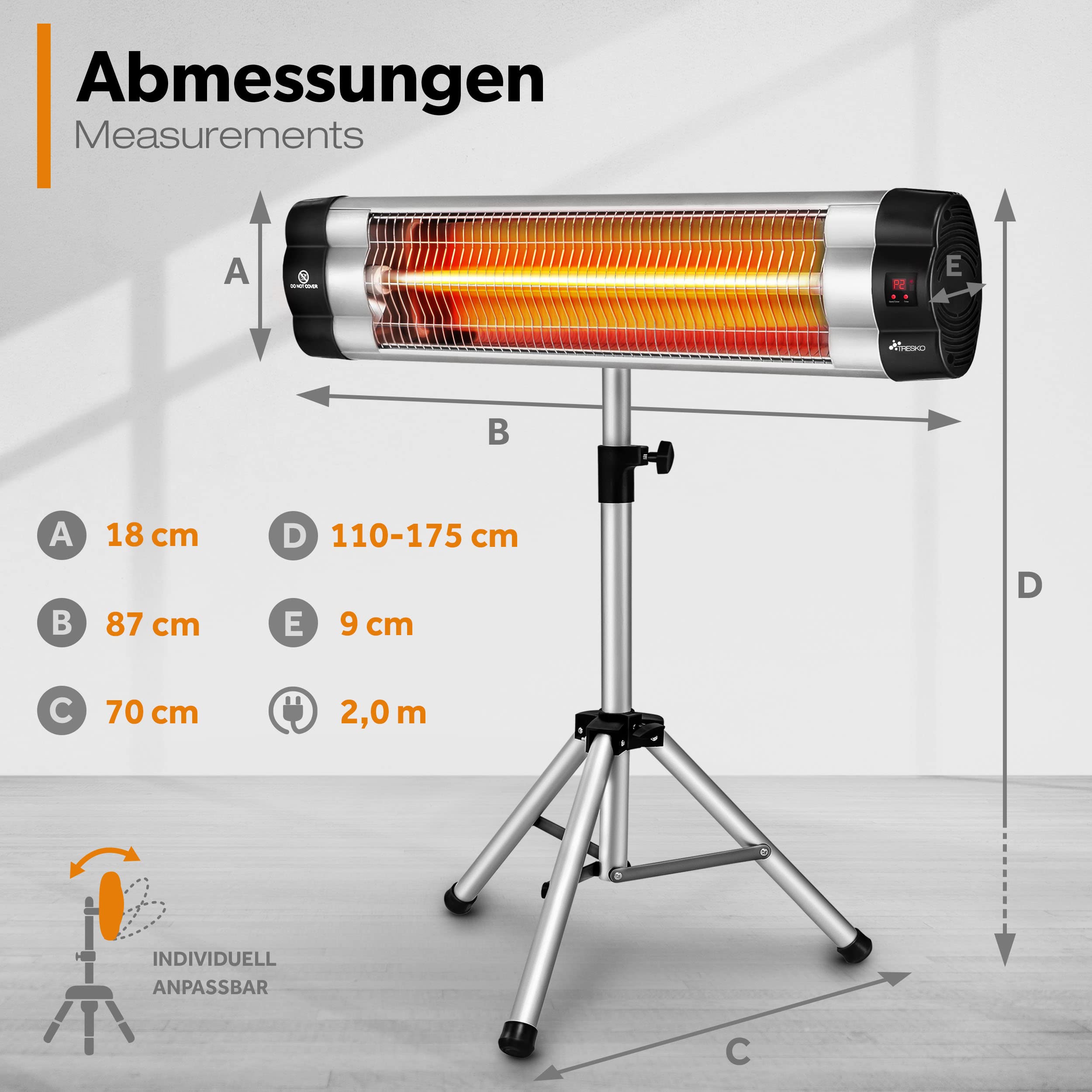 TRESKO Promiennik podczerwieni 2500 W z pilotem zdalnego sterowania | elektryczny promiennik ciepła z 3 stopniami ogrzewania | promiennik tarasowy do wewnątrz i na zewnątrz | promiennik podczerwieni z