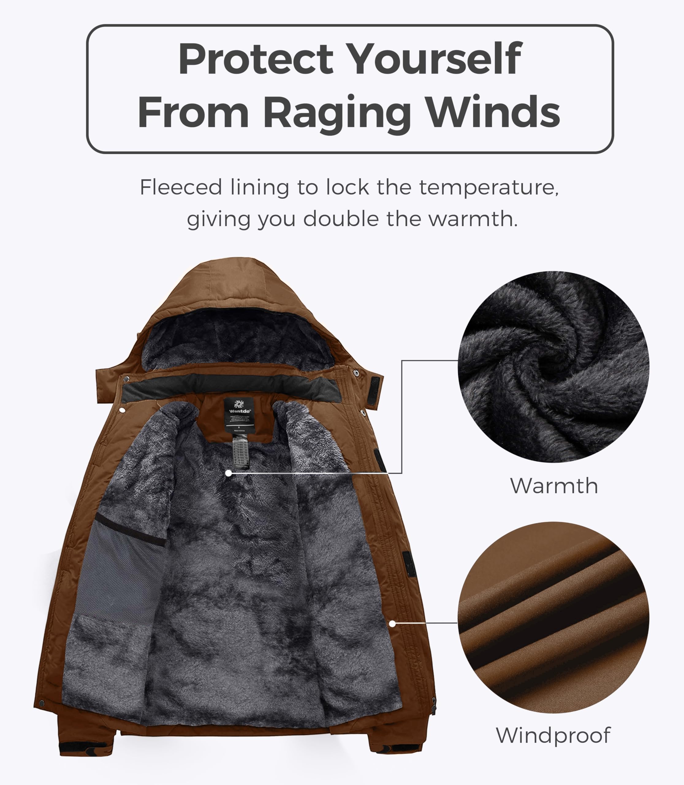 Wantdo Giacca da Sci Montagna Calda Invernale Parka da Neve Imbottita Cappotto da Snowboard in Pile Giubbotto con Cappuccio Impermeabile Uomo