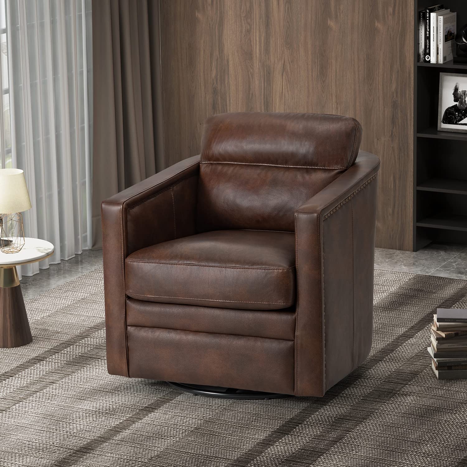 HULALA Home Modern Barrel Swivel Chair, Genuine Leather Accent Armchair with Removable Cushion, Single Sofa Reading Seat for Living Room, Office,