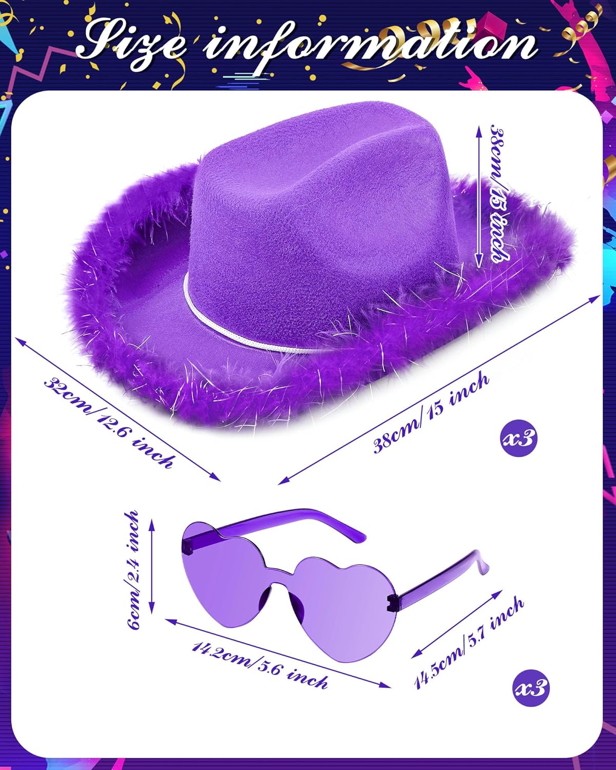 3 Set Pink Cowgirl Hat Western Cowboy Hat with Feather Heart Sunglasses for Preppy Costumes Bachelorette Wedding Party - Image 2