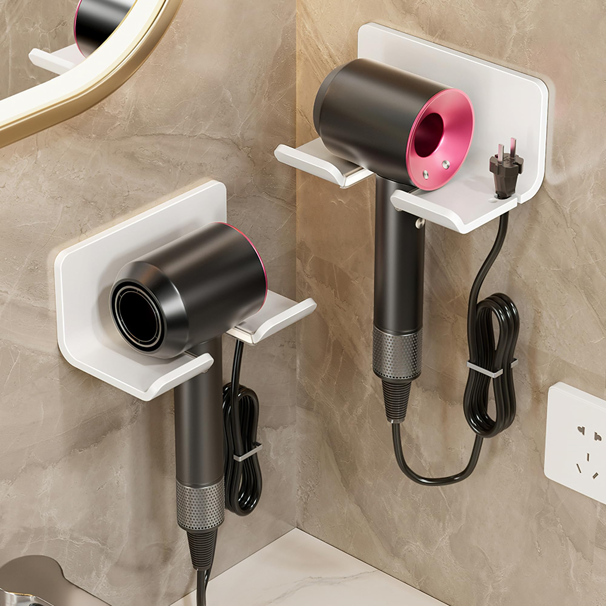 Hair Dryer Holder for Vanity Desk Accessories, Blow Dryer Hanger Wall Mount for Hair Dryer Hook, Self Adhesive Hair Dryer Stand Bracket, Organizer Stand with Plug&Cord Organizer for Bathroom(White)