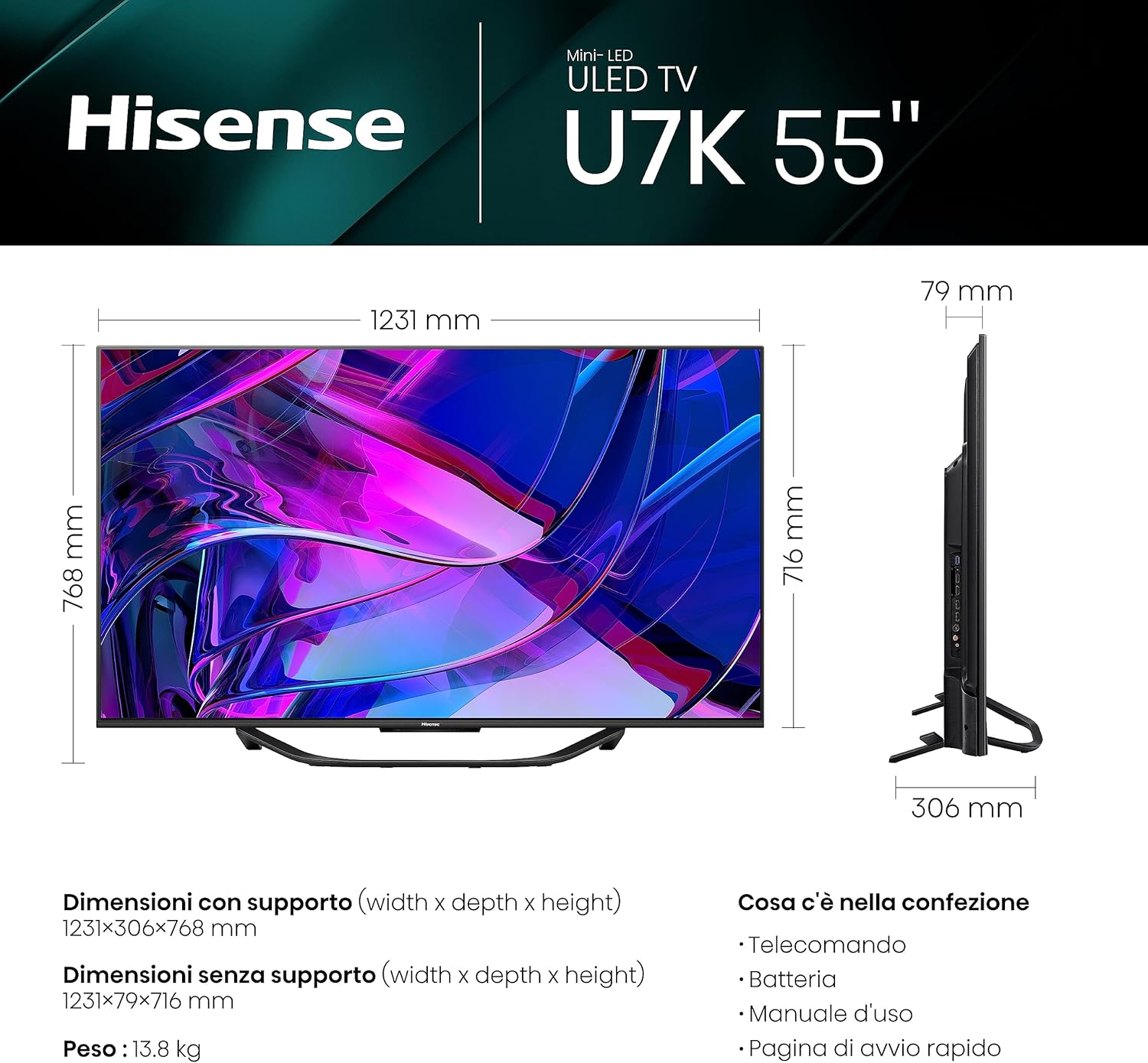 Hisense 55" ULED Mini-LED 4K 2023 55U72KQ, Smart TV VIDAA U7, Dolby Vision IQ, HDR 10+ Adaptive, 144Hz Game Mode PRO, Alexa Built-in, VIDAA Voice, Tuner DVB-T2/S2 HEVC 10, lativù 4K 55" TV - Immagine 2