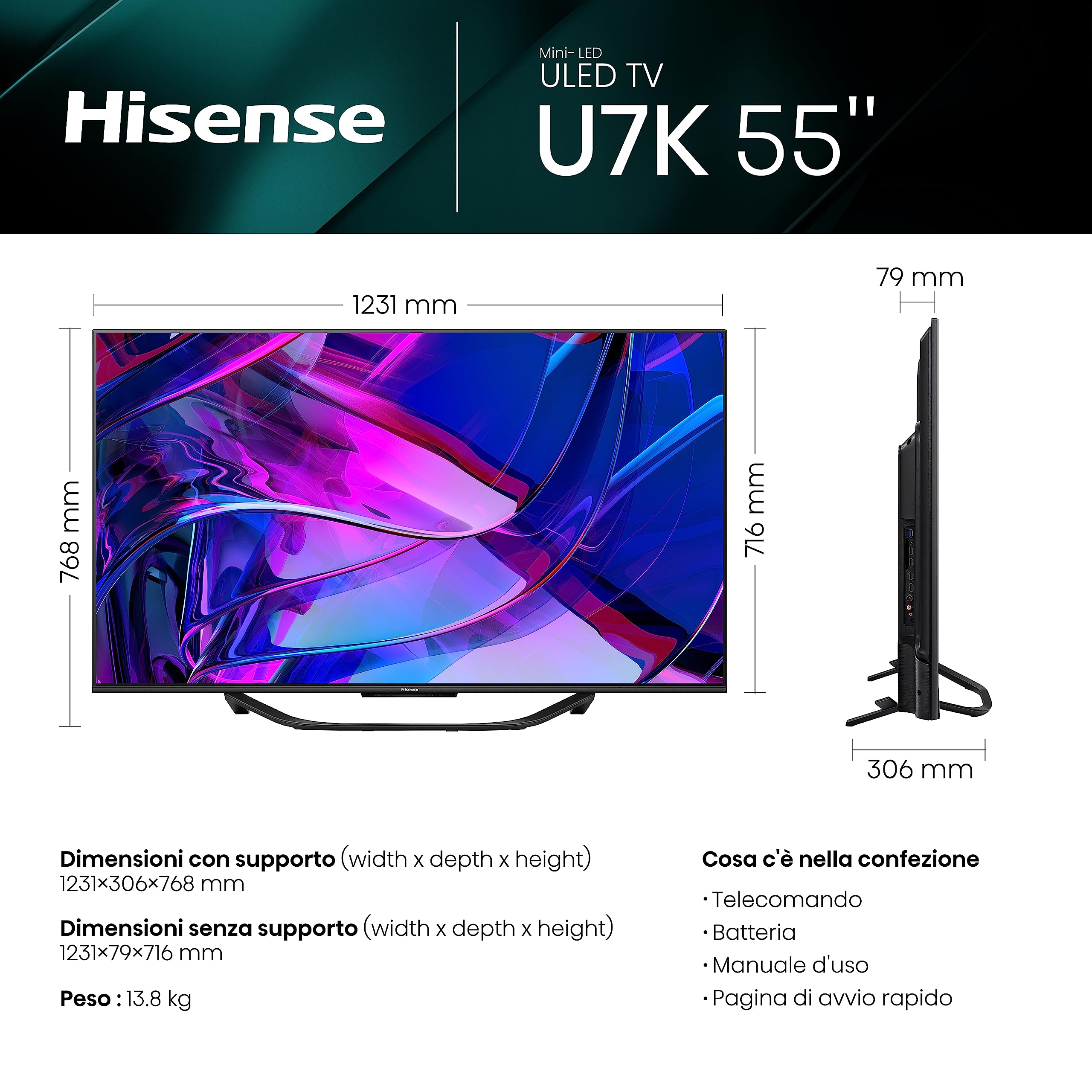 Hisense 55" ULED Mini-LED 4K 2023 55U72KQ, Smart TV VIDAA U7, Dolby Vision IQ, HDR 10+ Adaptive, 144Hz Game Mode PRO, Alexa Built-in, VIDAA Voice, Tuner DVB-T2/S2 HEVC 10, lativù 4K