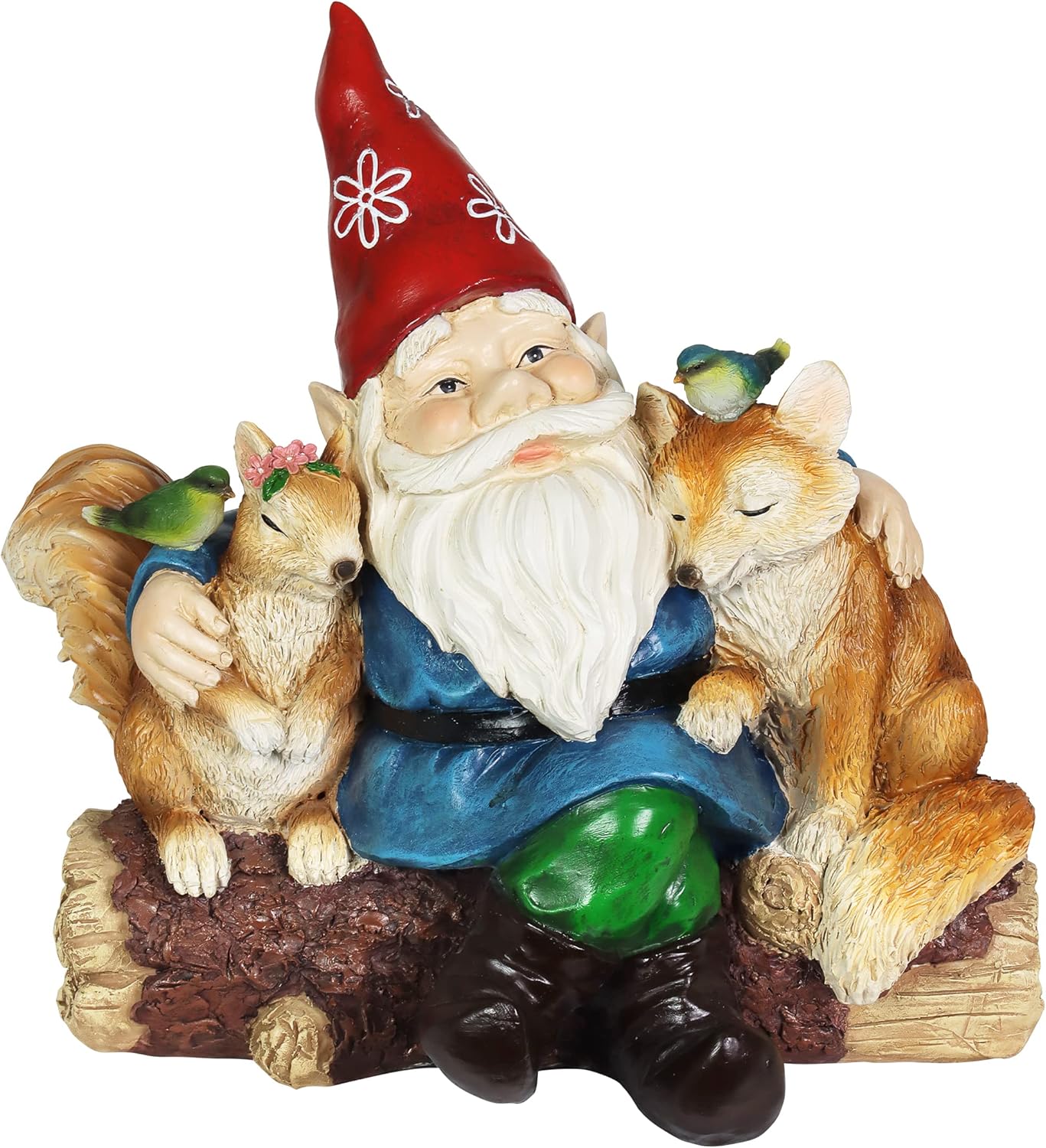 Exhart Garden Gnome, Solar Squirrel and Fox Friends Garden Sculpture, LED Birds, Outdoor Lawn and Yard Decoration, 14 x 8 x 13.5 Inch, Multicolor, Resin