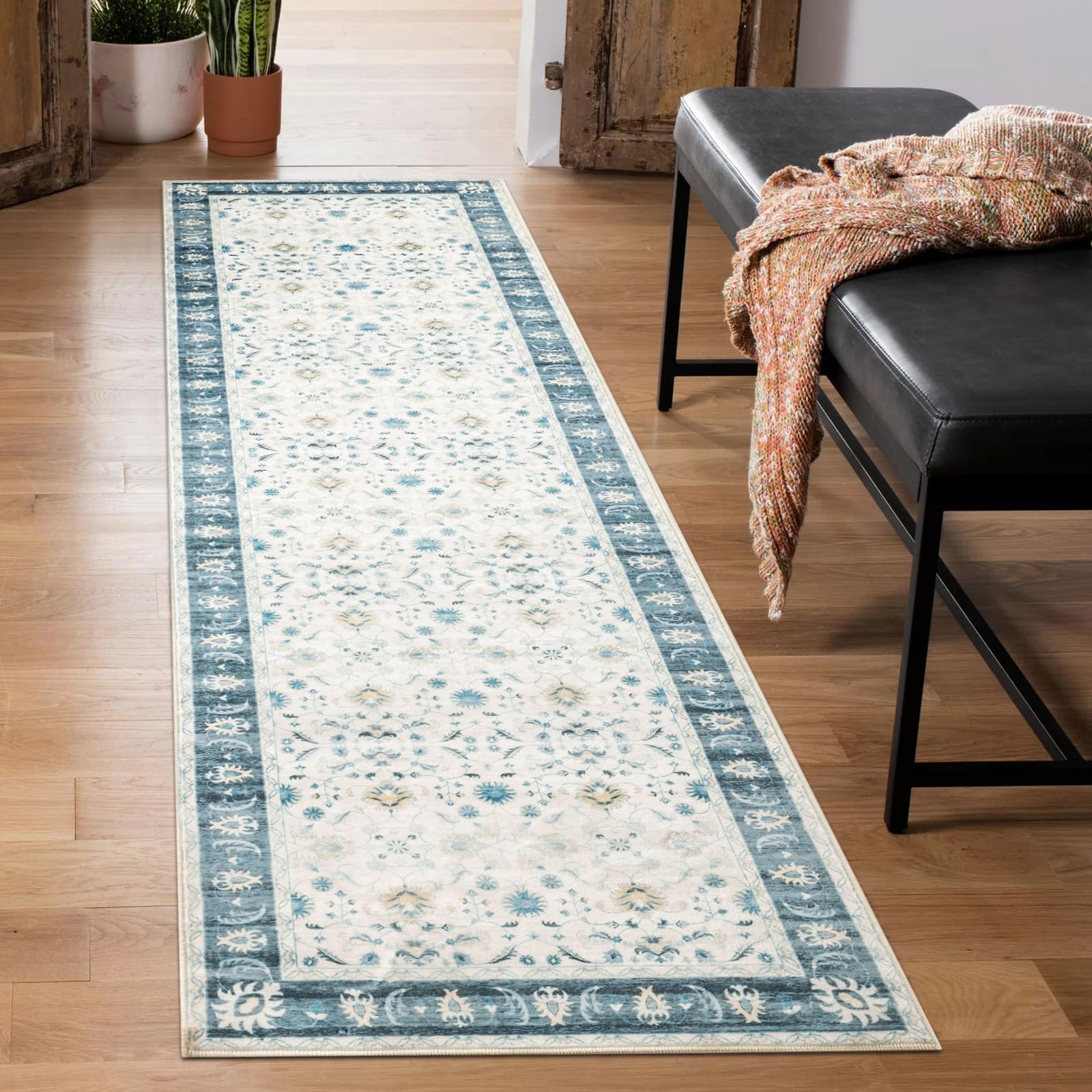 Carvapet Alfombras de Pasillo 60x210cm Alfombra Corredor Antideslizante Larga Alfombras de área Lavable Suave Microfibra Flores Alfombra Comedor Pasillo(Azul)