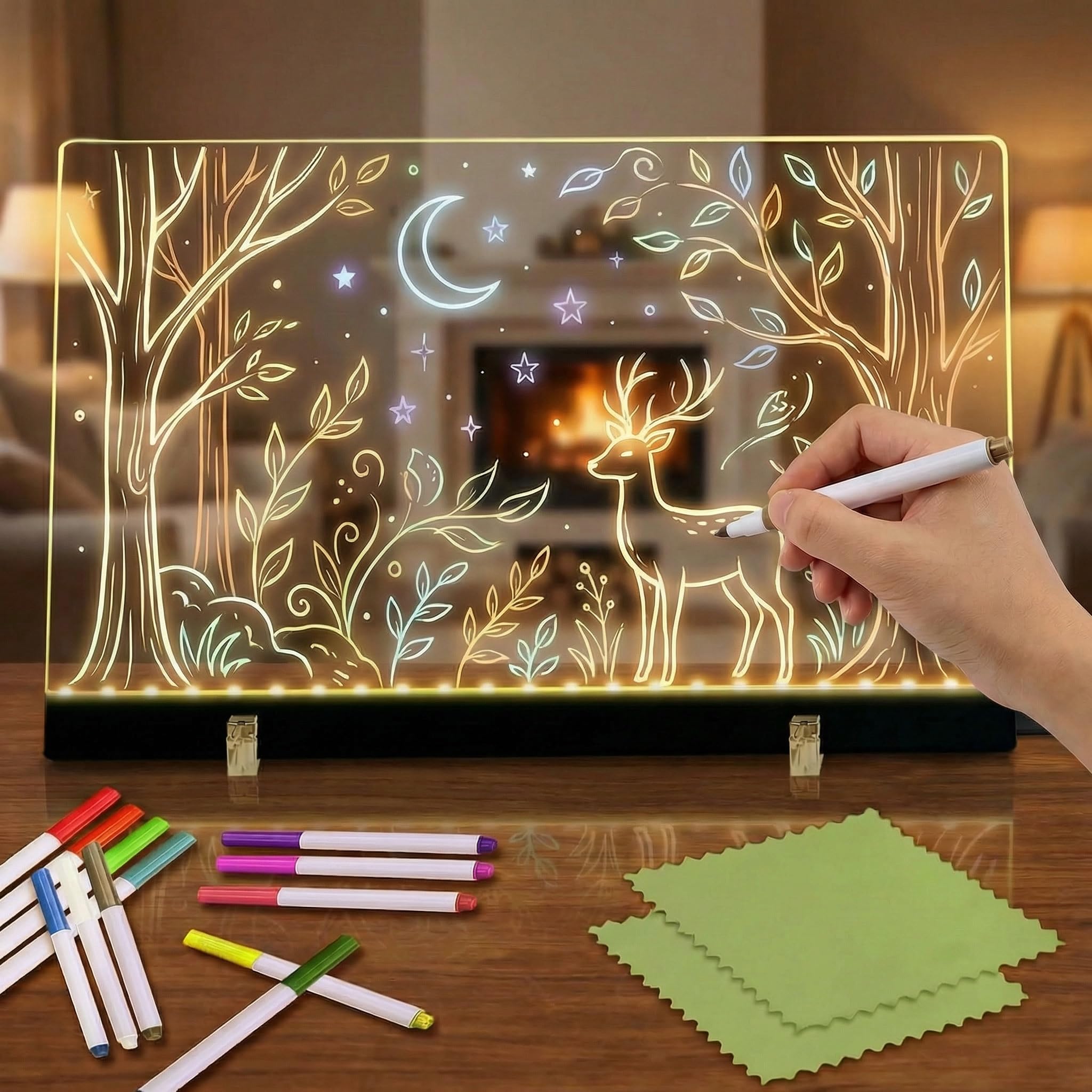 Lavagna Luminosa LED Acrilica 30x20 Cm – Cancellabile A Secco Con 7 Pennarelli Colorati, Supporto Regolabile E Alimentazione USB, Per Disegni E Messaggi