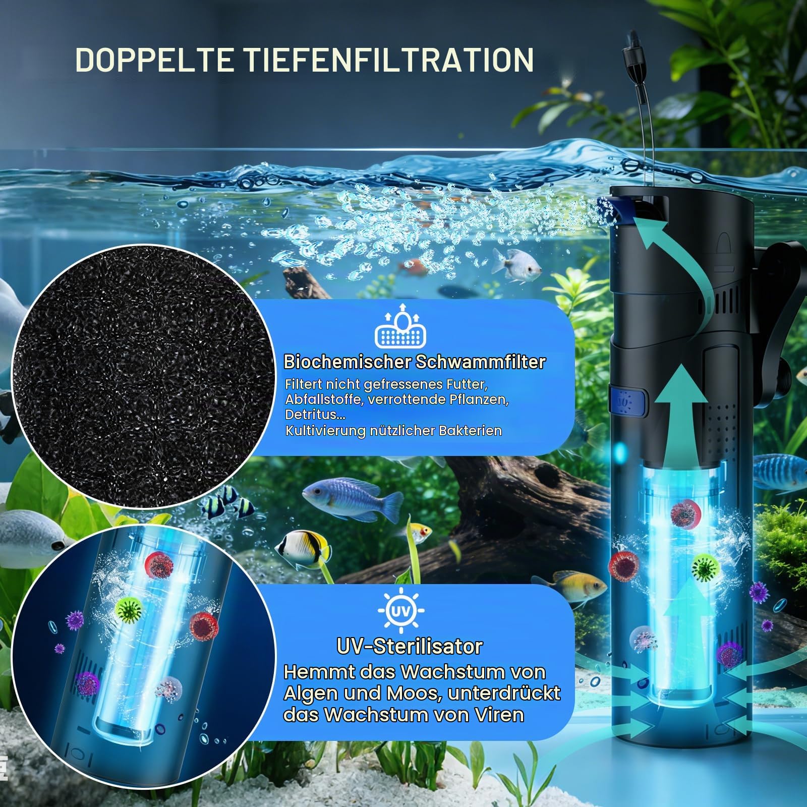 EXLECO 4 in 1 Aquarium 700L/H 20W Filter mit 9W UV Lampe UVC Klärer | Inennfilter, Aquariumfilter für Tank 150-300L, Aquarien Filterpumpe Skimmer Schwammfilter für Aquarien Filtermaterial