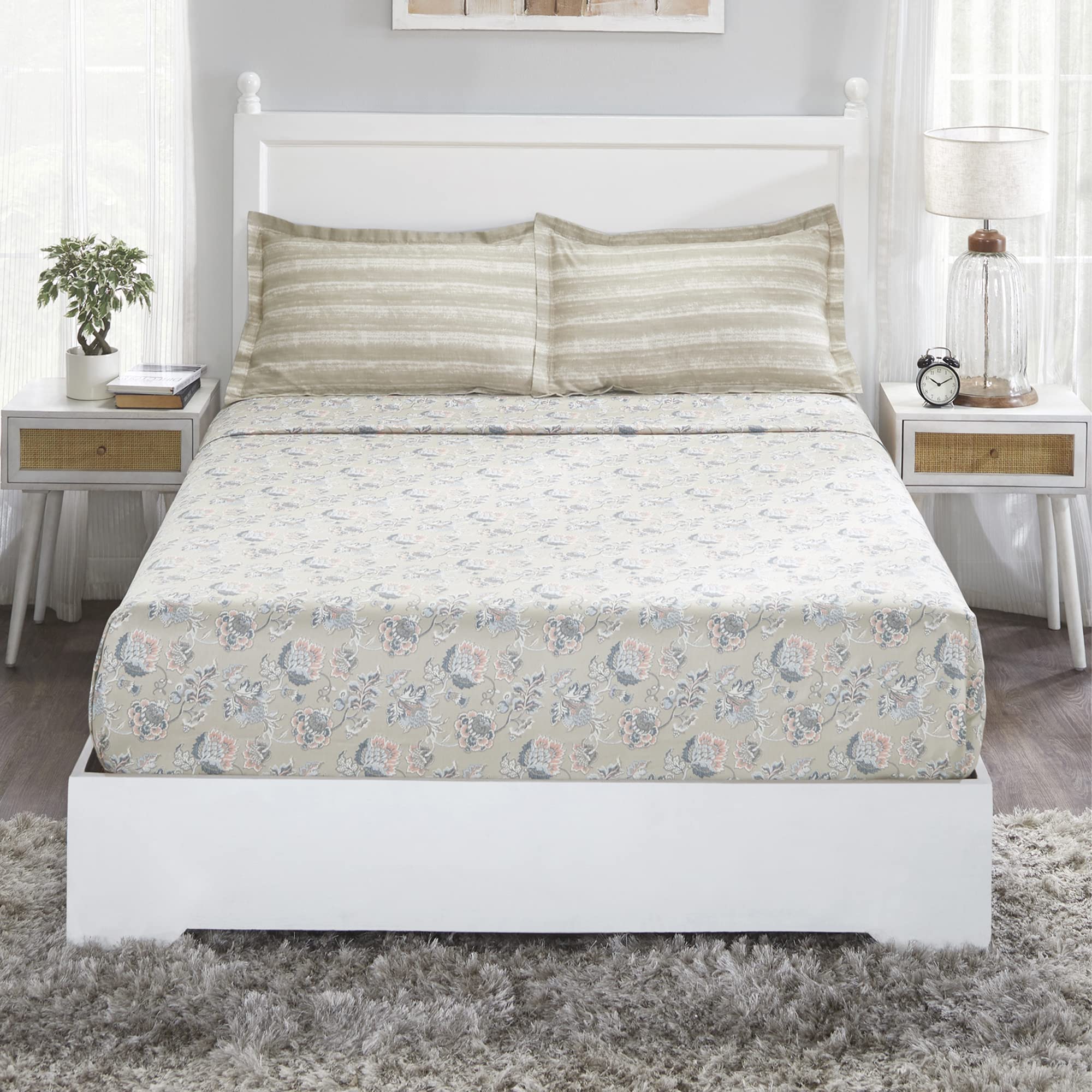 Trident Classic King Sheets Set 100% Cotton Bed Sheets 3- Piece Set (1 Bedsheet and 2 Pillowcovers) Super Soft 210 Thread Count King Size Sheets- Mehrab Stone Grey