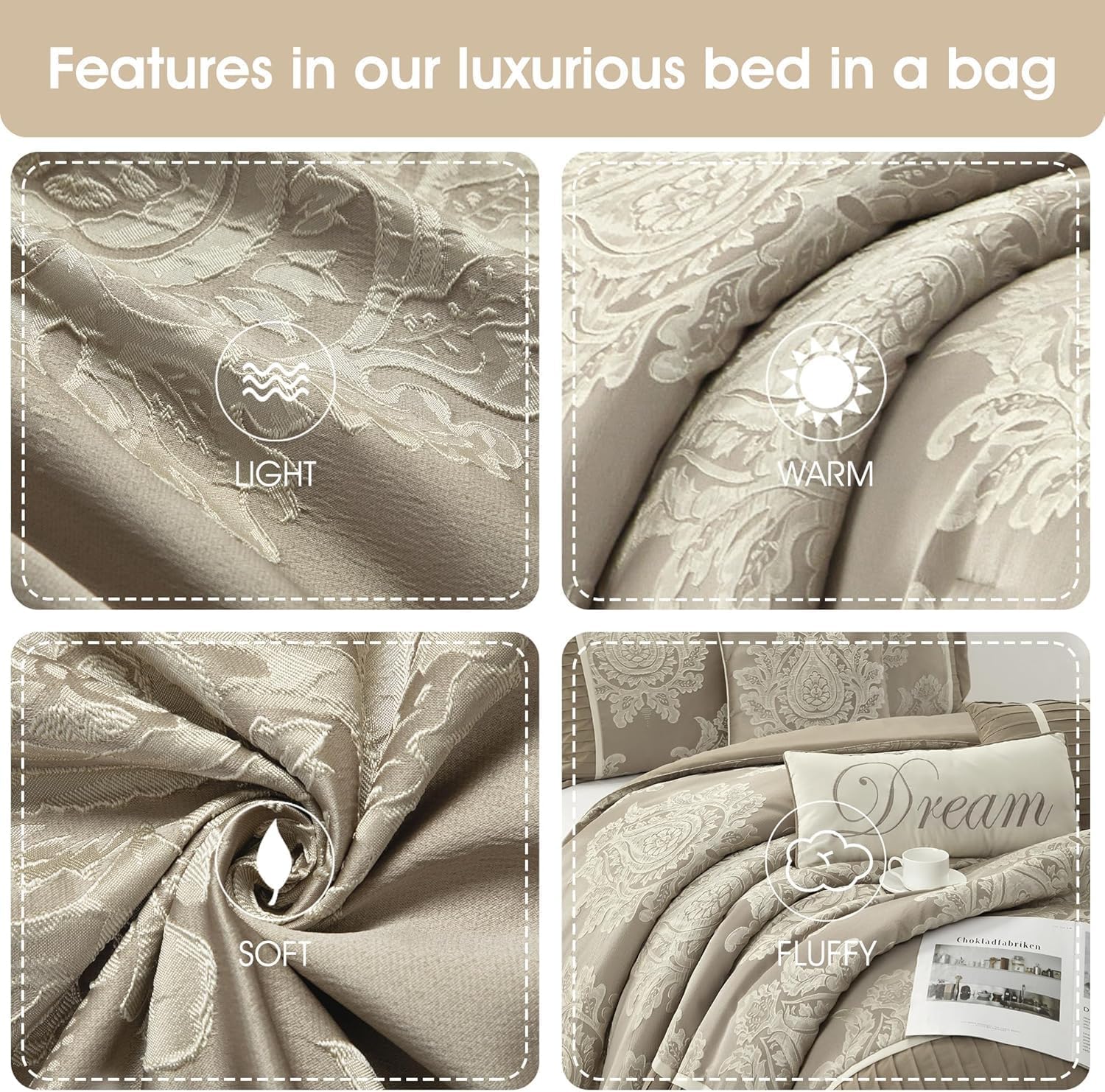 Grand Avenue Beige Comforter Set King Size, Jacquard with Matching Solid Piecework Bedding Set, All Season, Bedskirt, Pillows & Shams