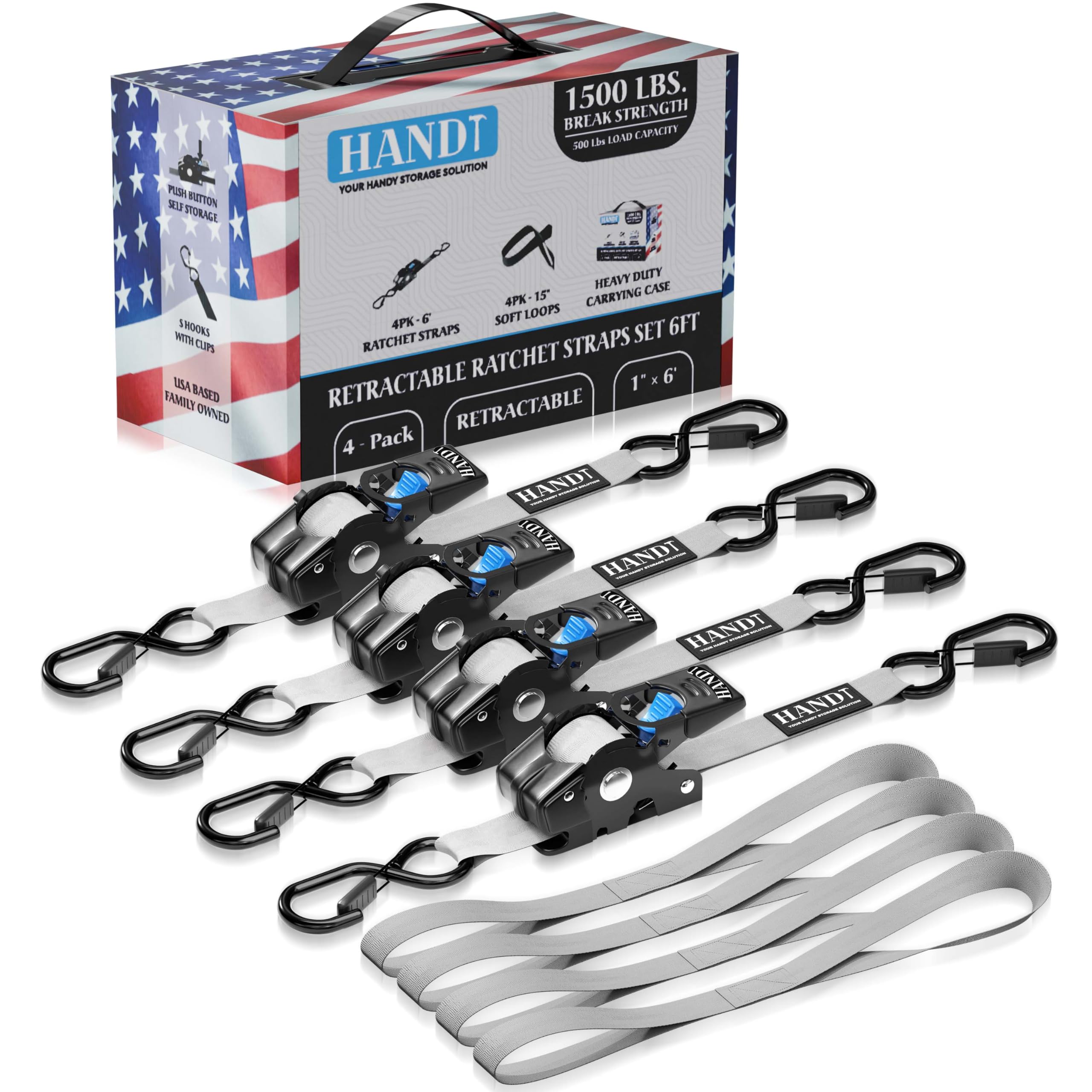 HandT Retractable Ratchet Straps (4PK) 1in x 6ft - 1,500lb Break Strength, Heavy Duty Tie Down Automatic Self Ratcheting Strap Downs Push Button Retracting for Truck, Trailer, Motorcycle | 4PK Gray-image-24